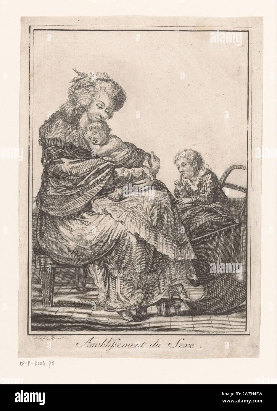 Mutter mit zwei Kindern, Robert Brichet, nach Joseph Franz Freiherr von Goez, 1784 Druck sitzende Mutter mit schlafendem Baby in den Armen. Mit ihrem linken Fuß bewegt sie eine Schaukelwiege, in der ein Kleinkind schweigend vor seinem Mund sitzt. Papierätzung Mutter und Baby oder Kleinkind. Wiege, Kinderbett Stockfoto