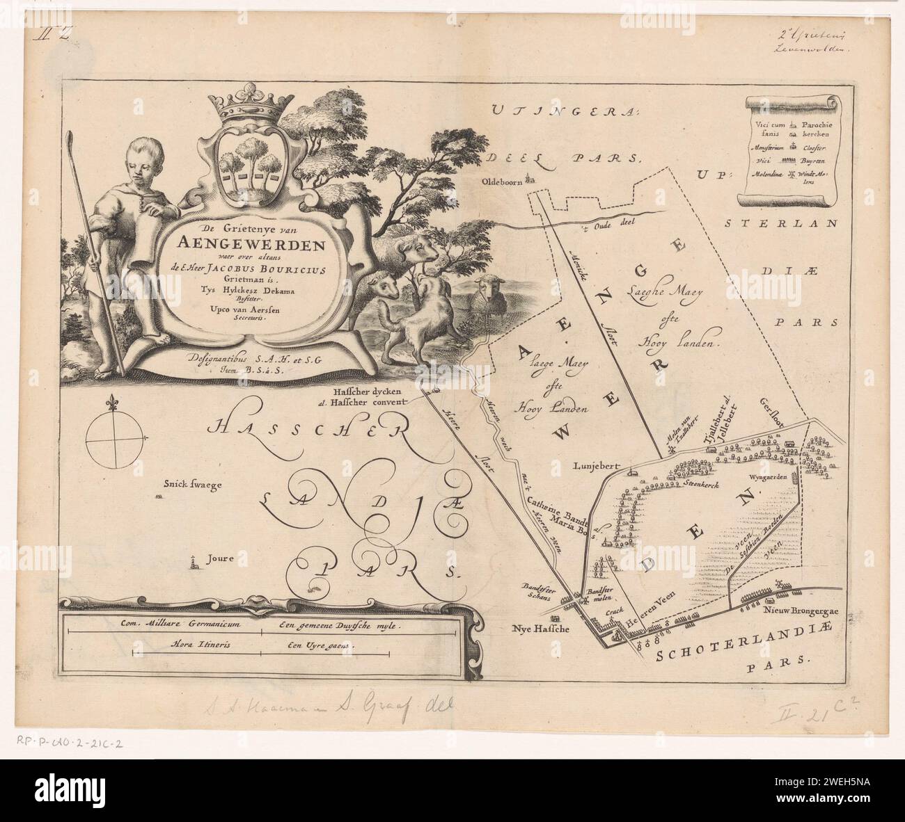 Karte von de Grietenij Aengwirden, 1664 Druck oben links Cartouche mit der Waffe von Aengwirden, Titel und administrative Informationen über die Grietenij. Um einen Jungen mit Hirtenstab, Hund und Schaf. Links unten zwei Skalenstäbe: Com. Milliare Germanicum / ein gemeinsamer Duytsche Myle, Hora Itineris / ein Uyre Gaens. In der Legende oben rechts. Papiergravur von Karten verschiedener Länder oder Regionen. Wappen (als Symbol des Staates usw.). Hirten, Hirten, Hirten, Hirten, Hirten, Hirten, Hirten, Kuhhirte usw. Friesland. Aengwirden Stockfoto