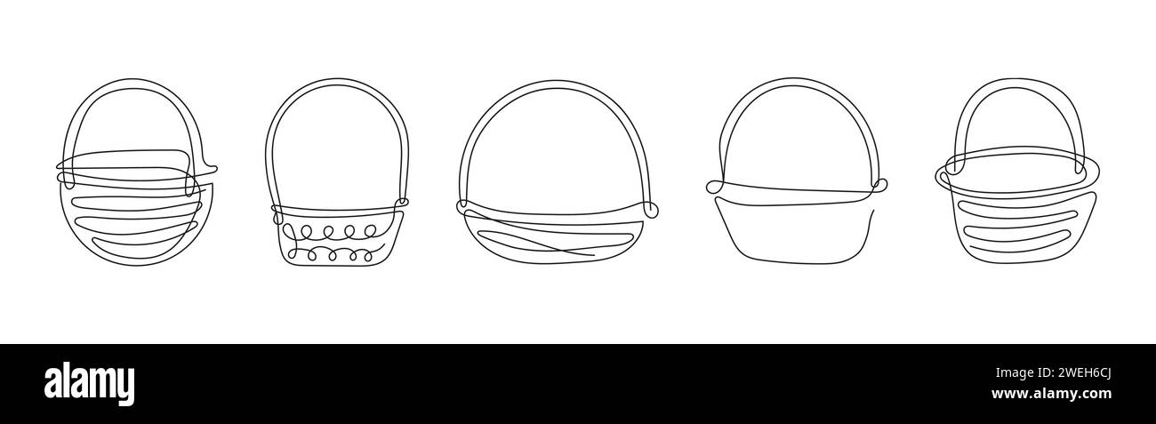 Satz Korbkörbe mit Griff. Durchgehende Linienzeichnung. Vektorillustration isoliert auf weißem Hintergrund. Minimalistischer Stil. Designelemente. Ideal für Icon, Logo, Druck, mobile App, Malbuch Stock Vektor