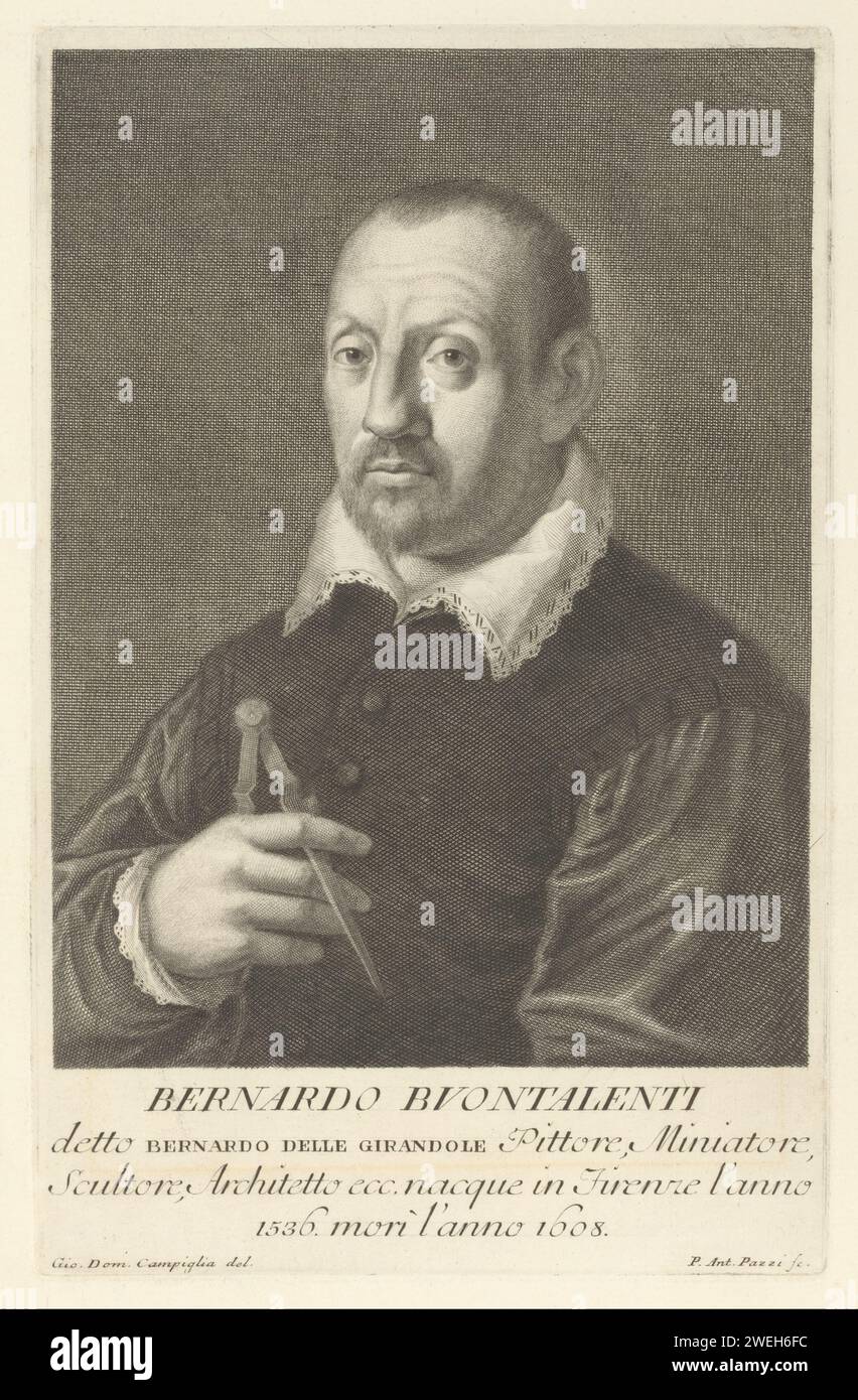 Portret Van Bernardo Buontalenti, 1752–1766 Druck Text in Italienisch am unteren Rand. Drucken ist Teil eines Albums. Papierstich historischer Personen. Porträt, Selbstporträt des Malers Stockfoto