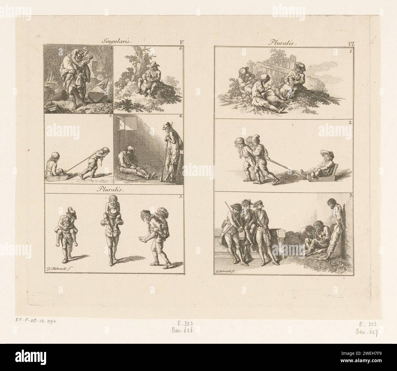 Beispiele für ein- und mehrfache unabhängige Substantive in lateinischer Sprache (singularis / pluralis), Daniel Nikolaus Chodowiecki, 1779 Druckpapier mit der Ätzung „Pius Aeneas“: Aeneas, der Ascanius führt, entkommt aus dem brennenden Troja, trägt seinen Vater Anchises mit den Penaten; seine Frau Creusa, die mit ihnen aufbricht, geht auf dem Weg. Eine Person auf dem Rücken tragen. Gefängnis, Gefängnis. Scheren (Schafe) Stockfoto