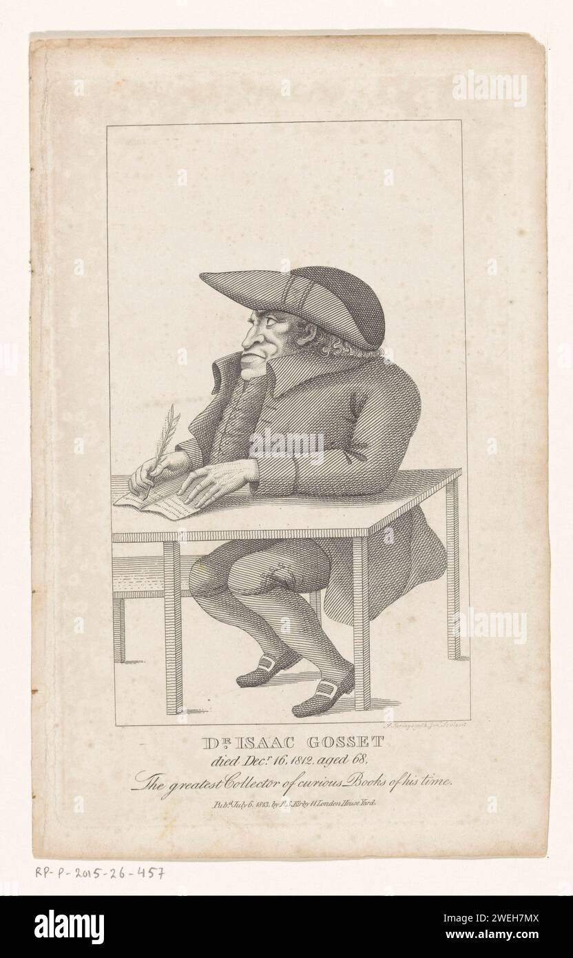 Porträt des Buchsammlers Isaac Gosset, 1813 Druck Porträt von Gosset, Schreiben hinter einem Tisch mit dreieckigem Hut. Papiergravurkarikaturen (Menschentypen). Kopf – Zahnrad: tricorn. Schreibtisch, Schreibtisch Stockfoto