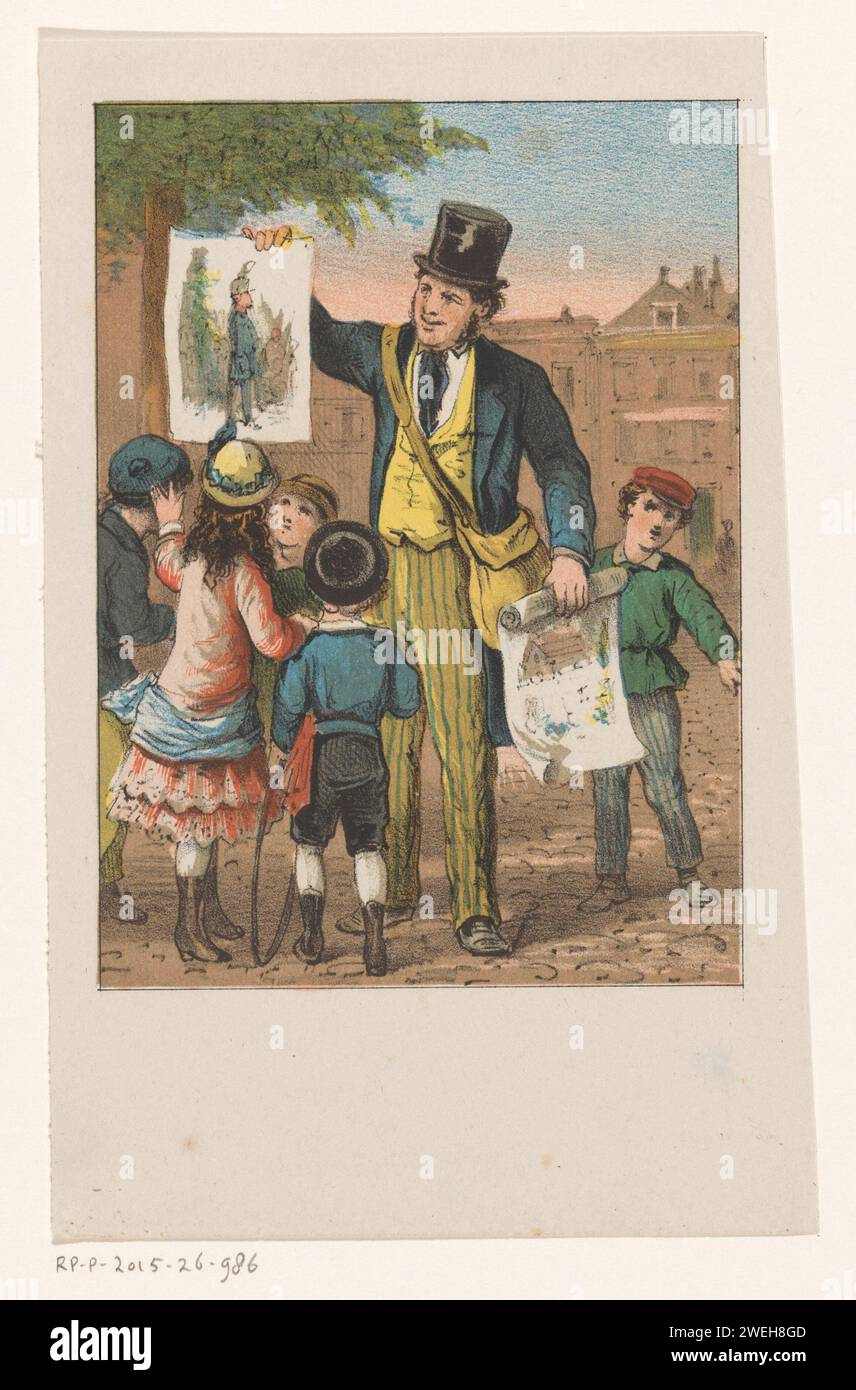 Print Trader with Five Children, Anonym, ca. 1825 - ca. 1875 Print View on a Square with a Print Trader with a Top Hut and a Bag on the Schulter. Er hält einen Fingerabdruck in beiden Händen. Er ist umgeben von fünf Kindern, von denen ein Junge einen Reifen hat. Papiertülle (Bowling A). Straßenhändler. Drucken, z. B.: Gravur, Ätzen, Lithografie Stockfoto