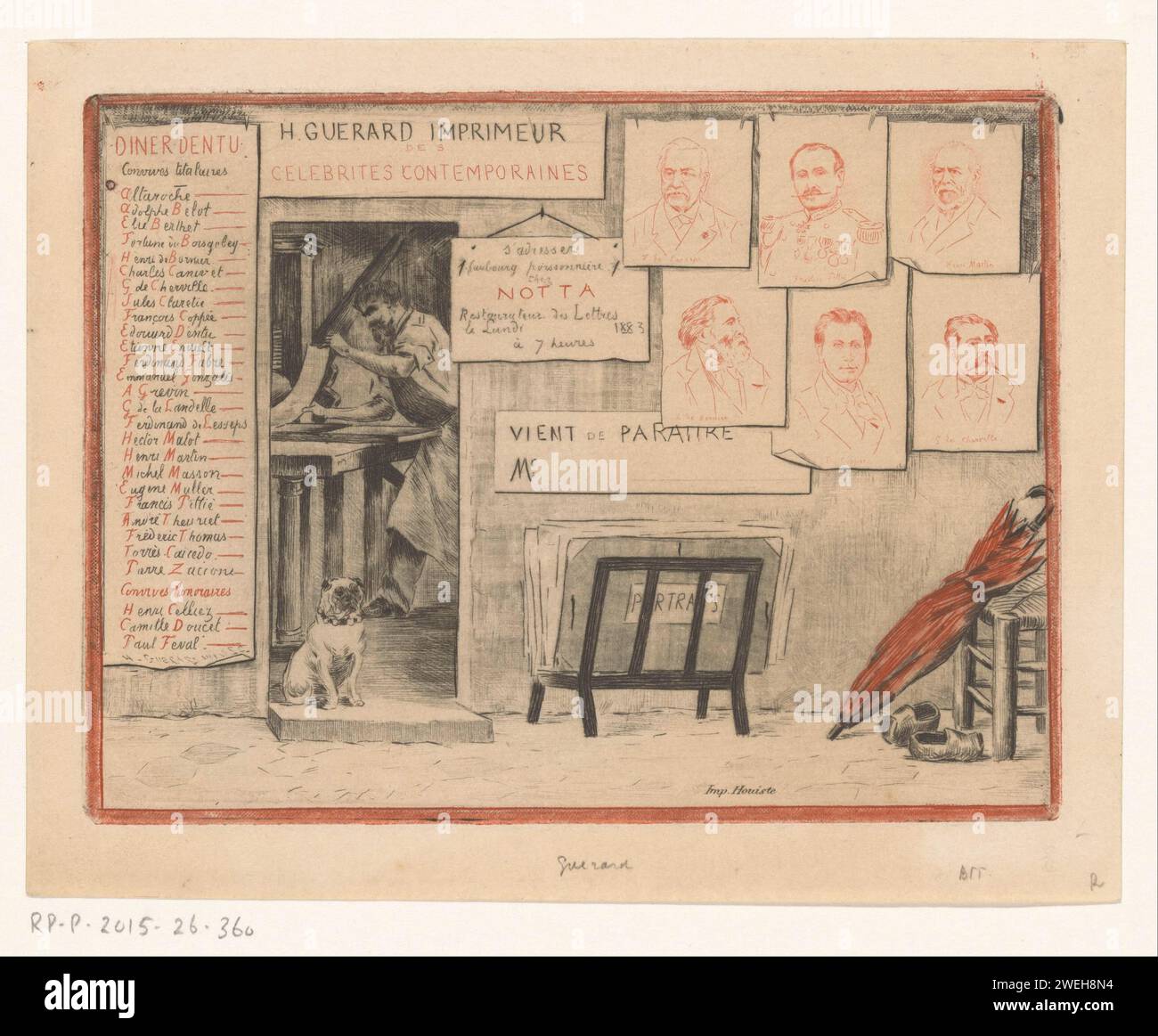 Einladung von Henri Guérard zu einem Abendessen, Druck 1883 Außenansicht der Druckerei von Henri Guérard, ein Portfolio in Standard, sechs Porträts an der Wand und ein Regenschirm an einem Stuhl neben einem Paar Schuhe. In der Tür ein Hund, dahinter der Drucker hinter seiner Presse. Papier-Ätz-/Trockenzapfen-Druckmaschine. Drucker. Einkaufen, einkaufen. Hund Stockfoto