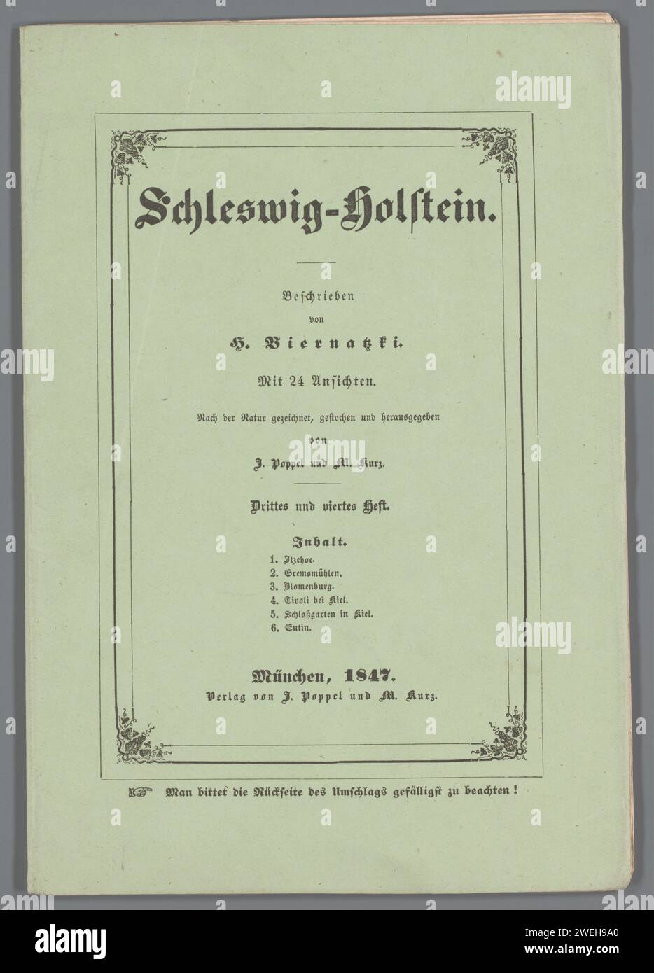 Cover für sechs Drucke mit Landschaften in Sleeswijk-Holstein, 1847 dieses Cover enthält sechs Drucke. Papier. Pergamin-Ätzen/Buchdruck Niedergebirgsland (+ Landschaft mit Figuren, Personal). Aussicht auf die Stadt, Stadtpanorama, Silhouette der Stadt (+ Stadt(-Landschaft) mit Figuren, Personal) Sleeswijk-Holstein Stockfoto