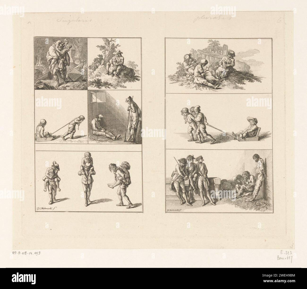 Beispiele für ein- und mehrfache unabhängige Substantive in lateinischer Sprache (singularis / pluralis), Daniel Nikolaus Chodowiecki, 1779 Druckpapier mit der Ätzung „Pius Aeneas“: Aeneas, der Ascanius führt, entkommt aus dem brennenden Troja, trägt seinen Vater Anchises mit den Penaten; seine Frau Creusa, die mit ihnen aufbricht, geht auf dem Weg. Eine Person auf dem Rücken tragen. Gefängnis, Gefängnis. Scheren (Schafe) Stockfoto