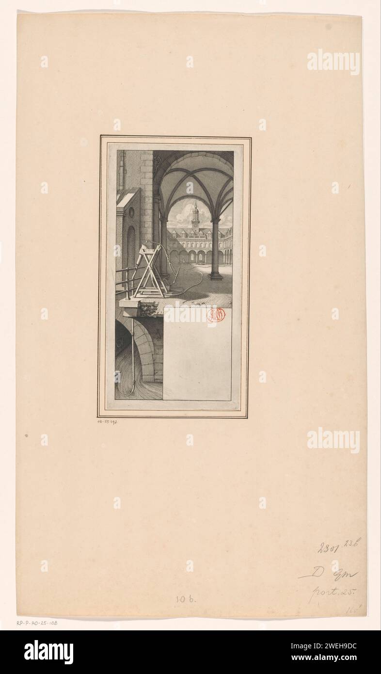 Demonstration der Schlauchfeuerspritzen im Innenhof der Ausstellung in Amsterdam, ca. 1670-1680, Laurens Screen (zugeschrieben), 1735 Print Demonstration des Einsatzes der Schlauchfeuerspritzgeräte durch Spritzen von Wasser und über den Turm der Börse (ca. 1670-1680). Späterer Zustand (mit dem Buchstaben) ist die Platte 23 im Nachdruck des Feuersprühbuchs von Jan van der Heyden aus dem Jahr 1735. Papier-Ätz-/Gravierpumpe (Feuerlöschanlage). Börse, Börsenmesse von Hendrik de Keyser Stockfoto