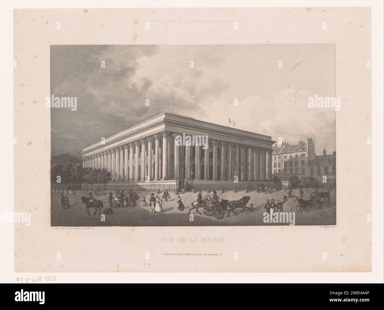 Blick auf das Beursgebouw in Paris, Paul Legrand, nach Charles Gavard, um 1835 gedruckte Papierbörse, Börse Paris Stockfoto