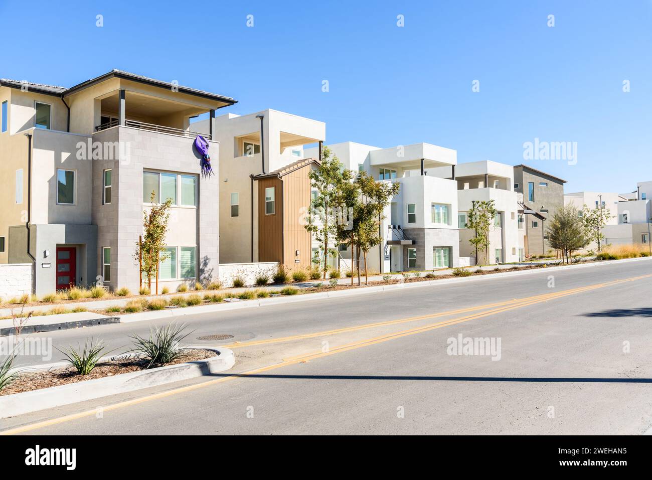 Reihe neuer Einfamilienhäuser entlang einer Straße in einem Wohngebiet in Kalifornien an einem klaren Herbsttag Stockfoto