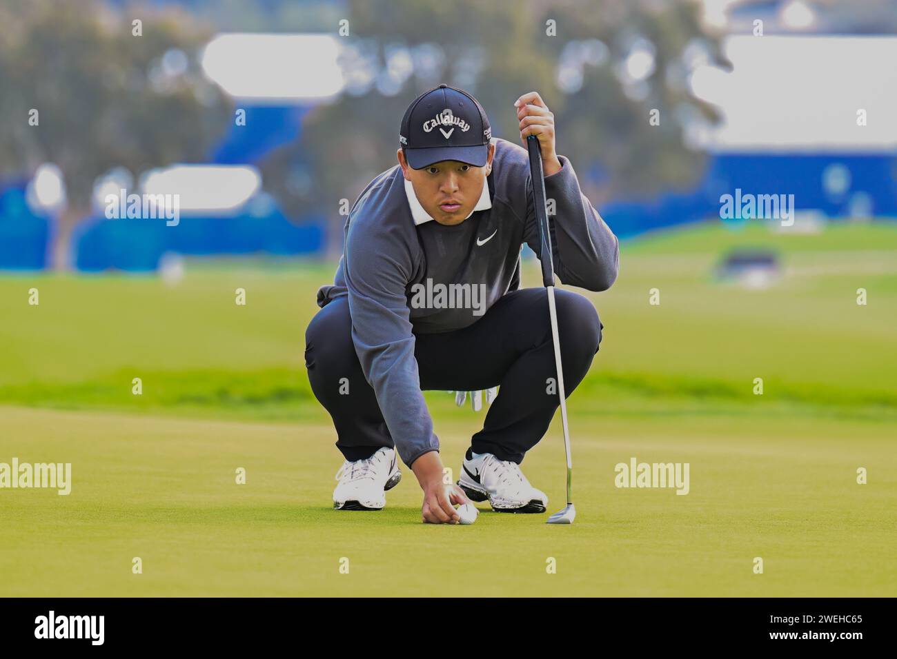 San Diego, Kalifornien, USA. Januar 2024. Kevin Yu im 1. Loch während der zweiten Runde der Farmers Insurance Open in Torrey Pines South in San Diego, Kalifornien. Justin Fine/CSM/Alamy Live News Stockfoto