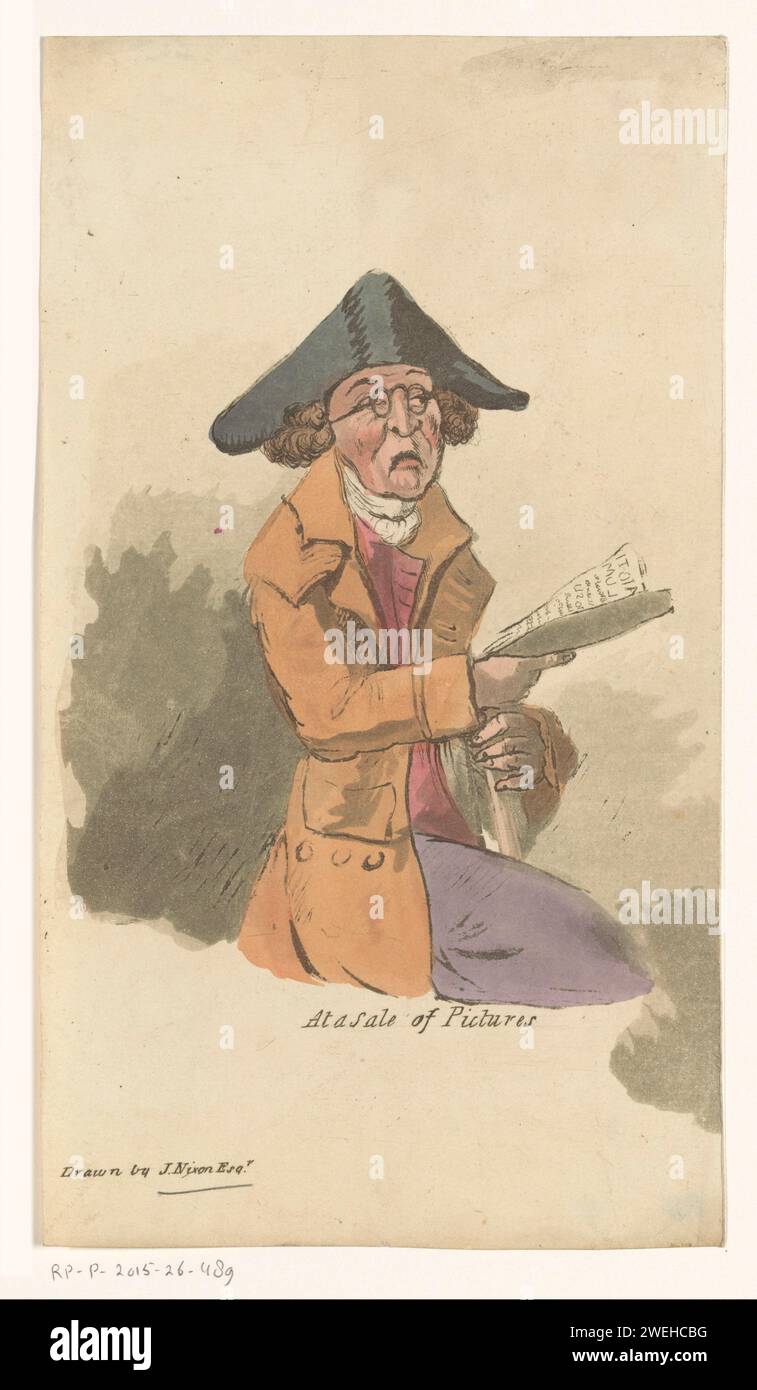 Mann auf einer Malauktion, 1792 - 1818 drucken Sie Einen Mann mit Brille und dreieckigem Hut, einen Katalog in der Hand. Papierätzkunst Verkauf, Auktion. Kunstsammlung. Kopf – Zahnrad: tricorn Stockfoto