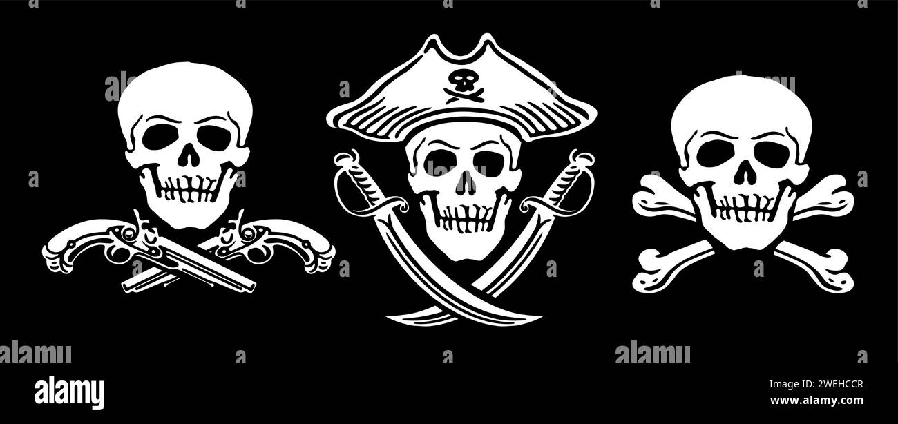 Jolly Roger Emblem. Piratenfahne mit Schädel. Vektorabbildung Stock Vektor