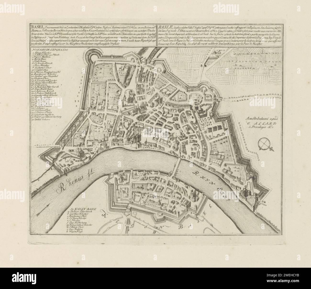 Karte von Basel (Basel), 1701 - 1733 Drucken Karte der Schweizer Stadt Basel (Basel), am Rhein gelegen. Mit Texten in Niederländisch und Französisch. Der Ausdruck ist Teil eines Albums. Papierätzkarten der Städte Basel Stockfoto