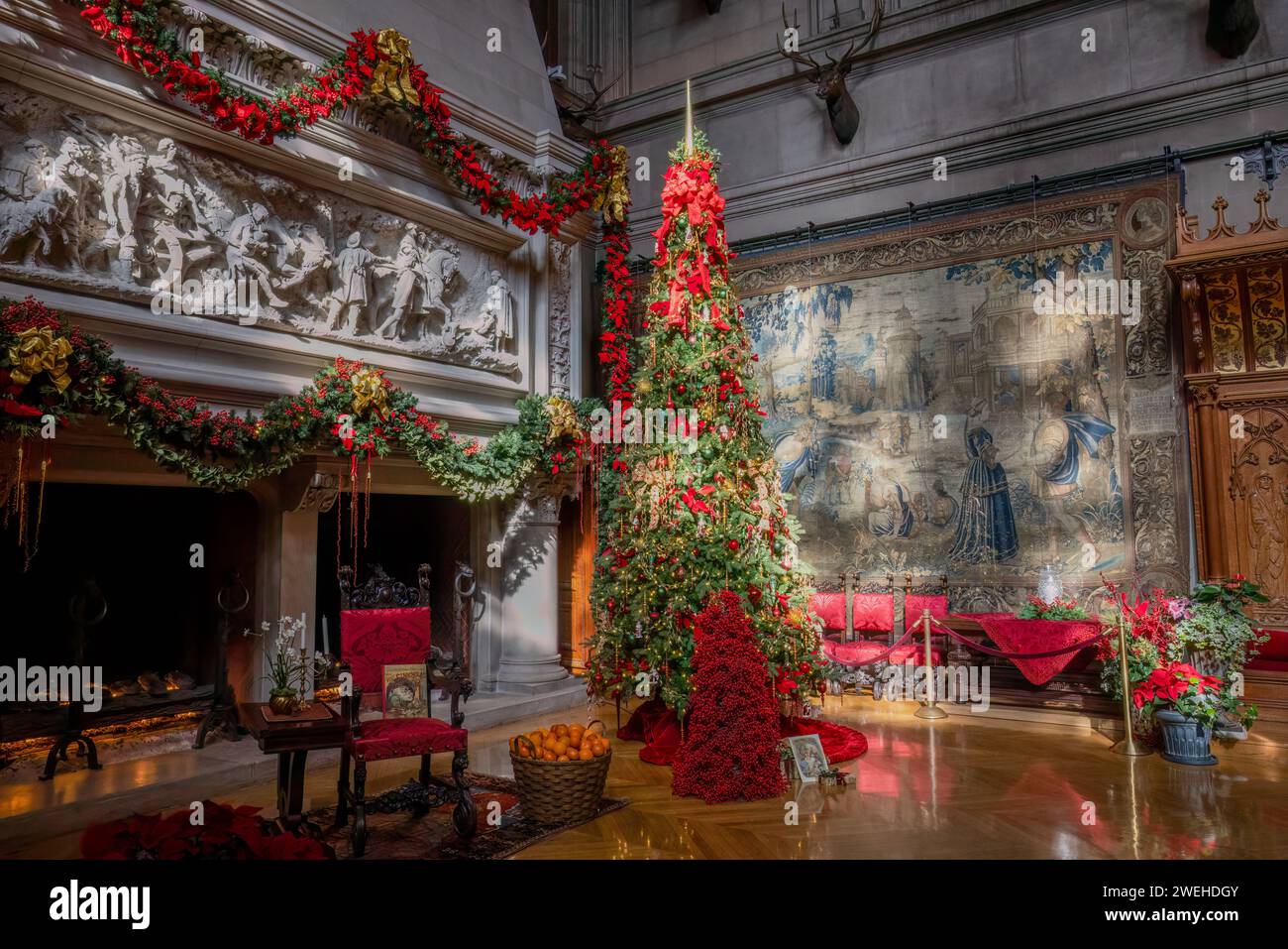 Bankettsaal mit Weihnachtsbaum, Biltmore Estate, Asheville, North Carolina Stockfoto