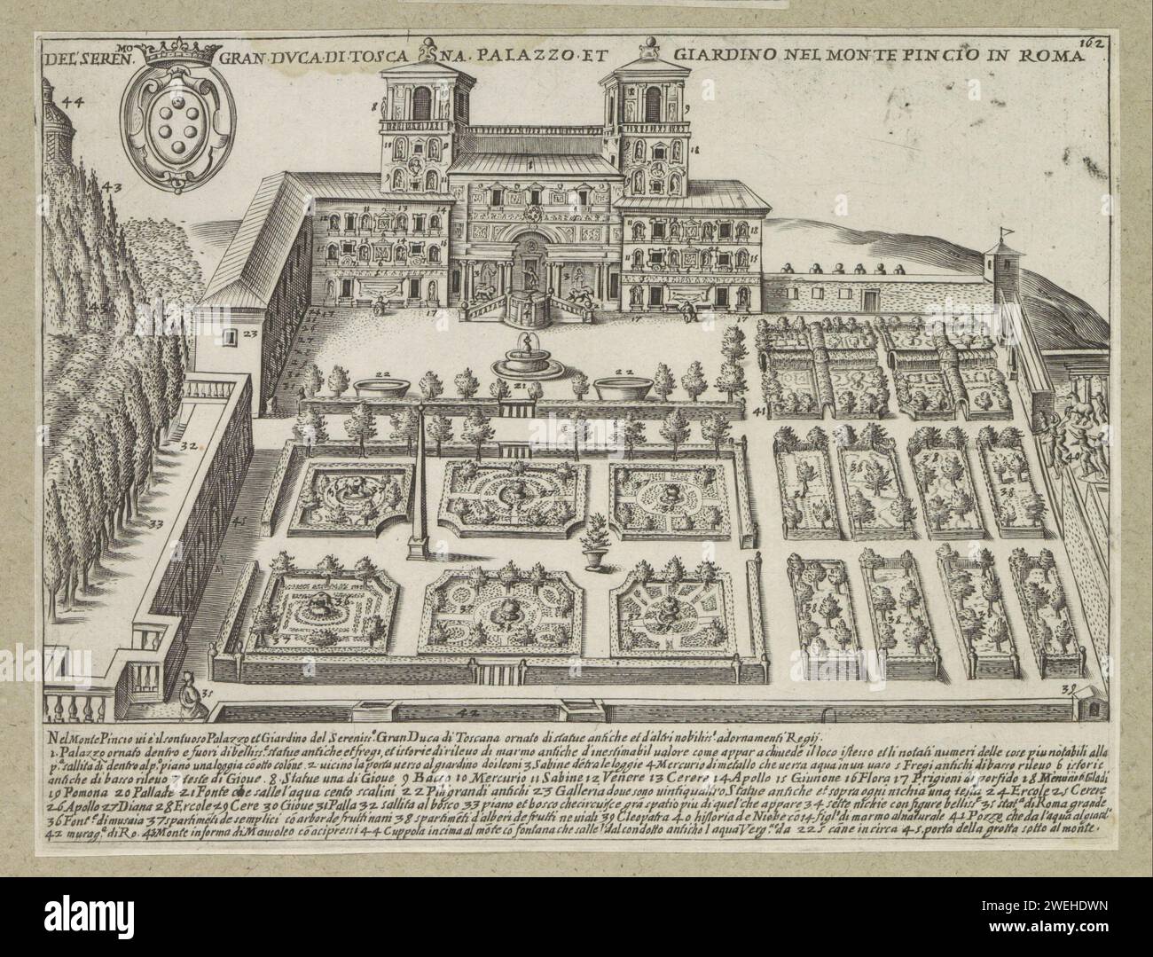 Villa Medici en Tuinen Te Rome, Giacomo Lauro, in ONT nach 1637 drucken Sie Eine Liste mit erläuternden Zahlen am unteren Rand. Oben rechts nummeriert: 162. Der Ausdruck ist Teil eines Albums. Papierätzung Hôtel, d. h. kleiner Palast in der Stadt. Garden Villa Medici. Pincio Stockfoto