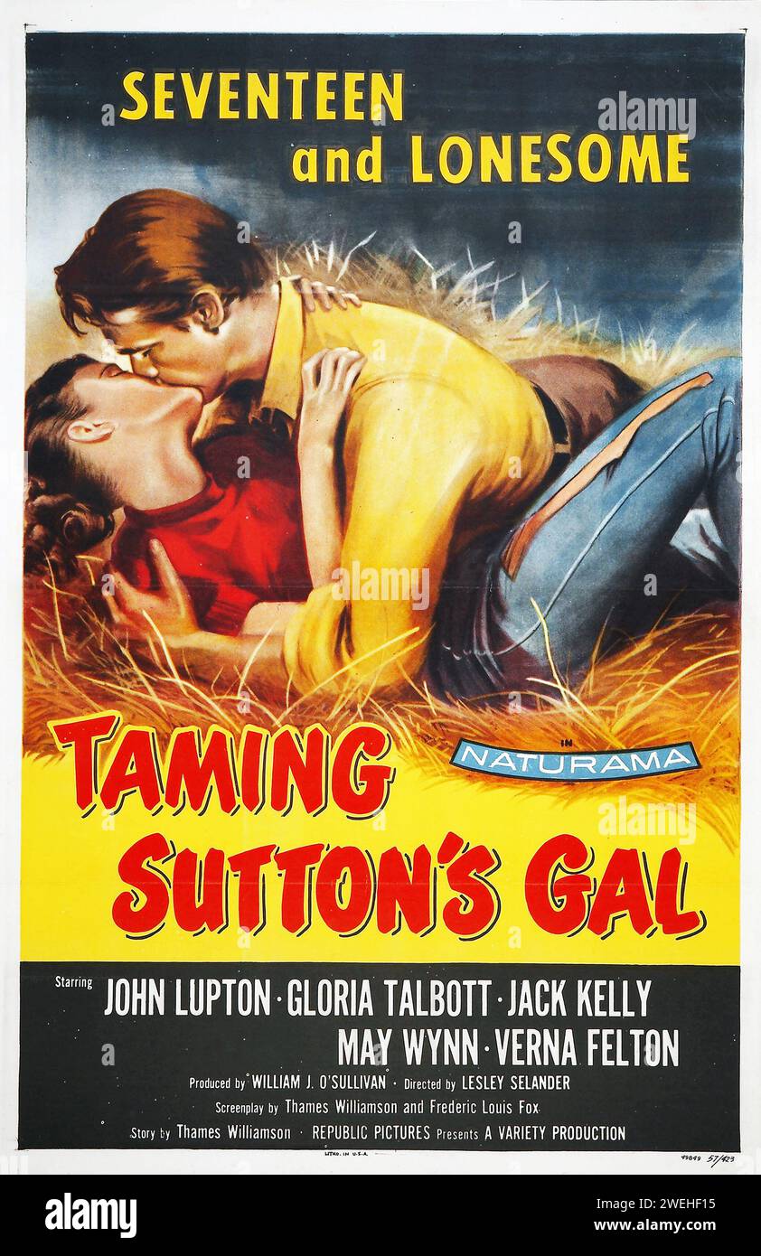 Filmplakat aus den 1950er Jahren - Liebende von Sutton's Gal (Republik, 1957) auf einem Heuhaufen Stockfoto