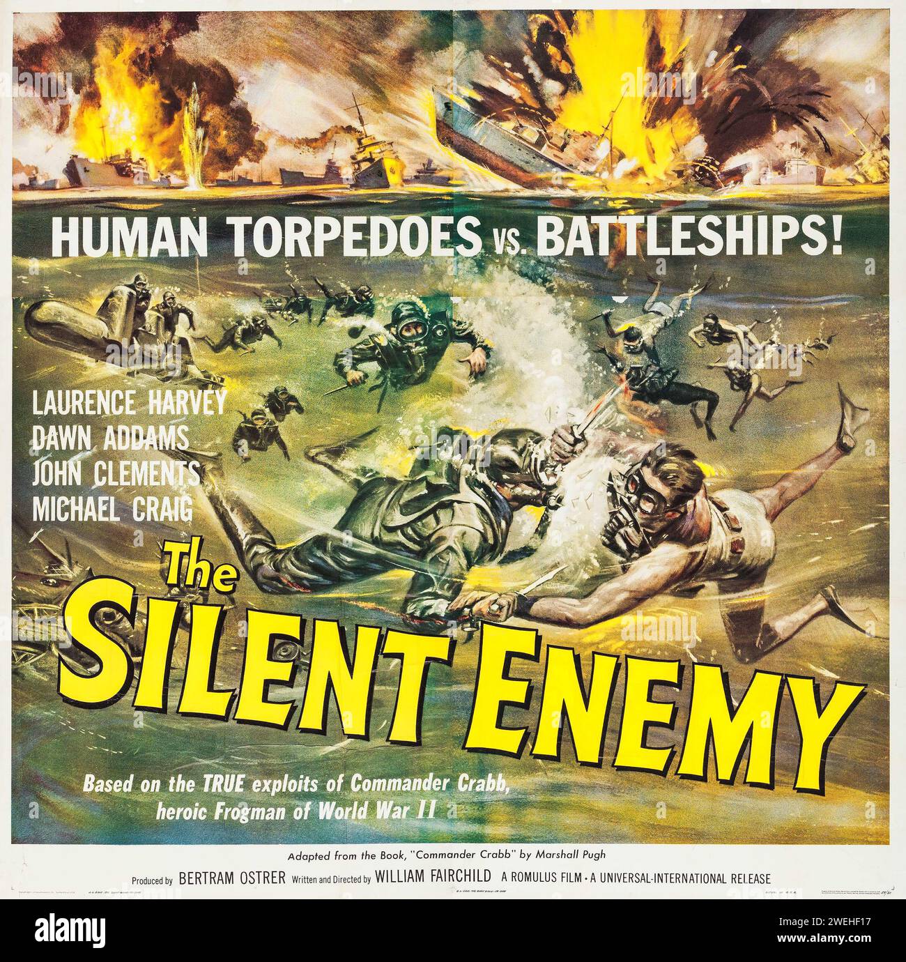 1950er Jahre Filmposter - The Silent Enemy (Universal International 1959) Reynold Brown Artwork - menschliche Torpedos vs. Schlachtschiffe Stockfoto