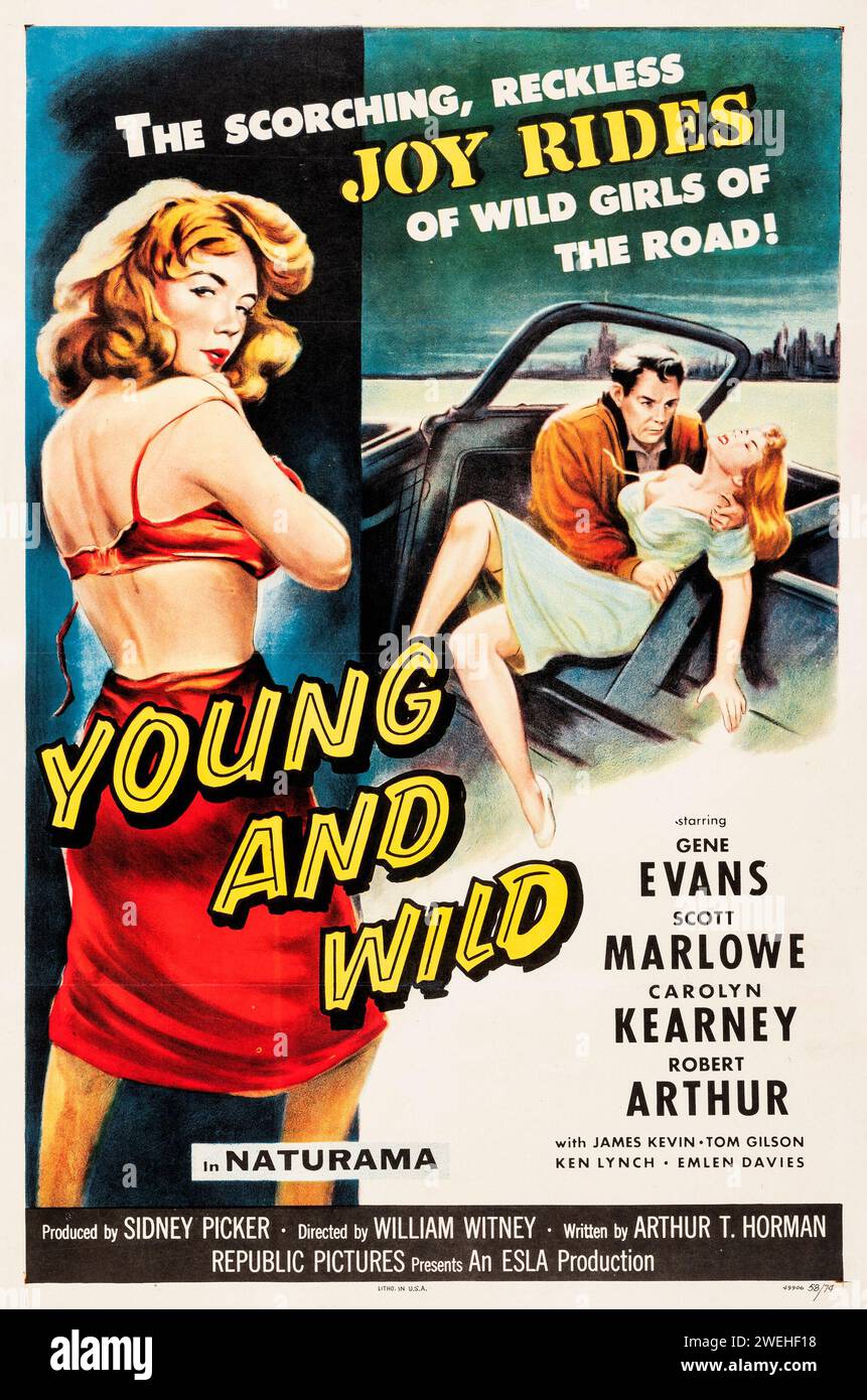 Filmplakat aus den 1950er Jahren - Junge und wilde (Republik, 1958) Joy Rides of wilde Mädchen der Straße. Gene Evans, Scott Marlowe Stockfoto