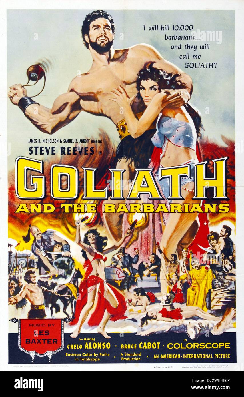 Steve Reeves in Goliath and the Barbarians (American International, 1959). Amerikanisches Vintage-Filmplakat Stockfoto