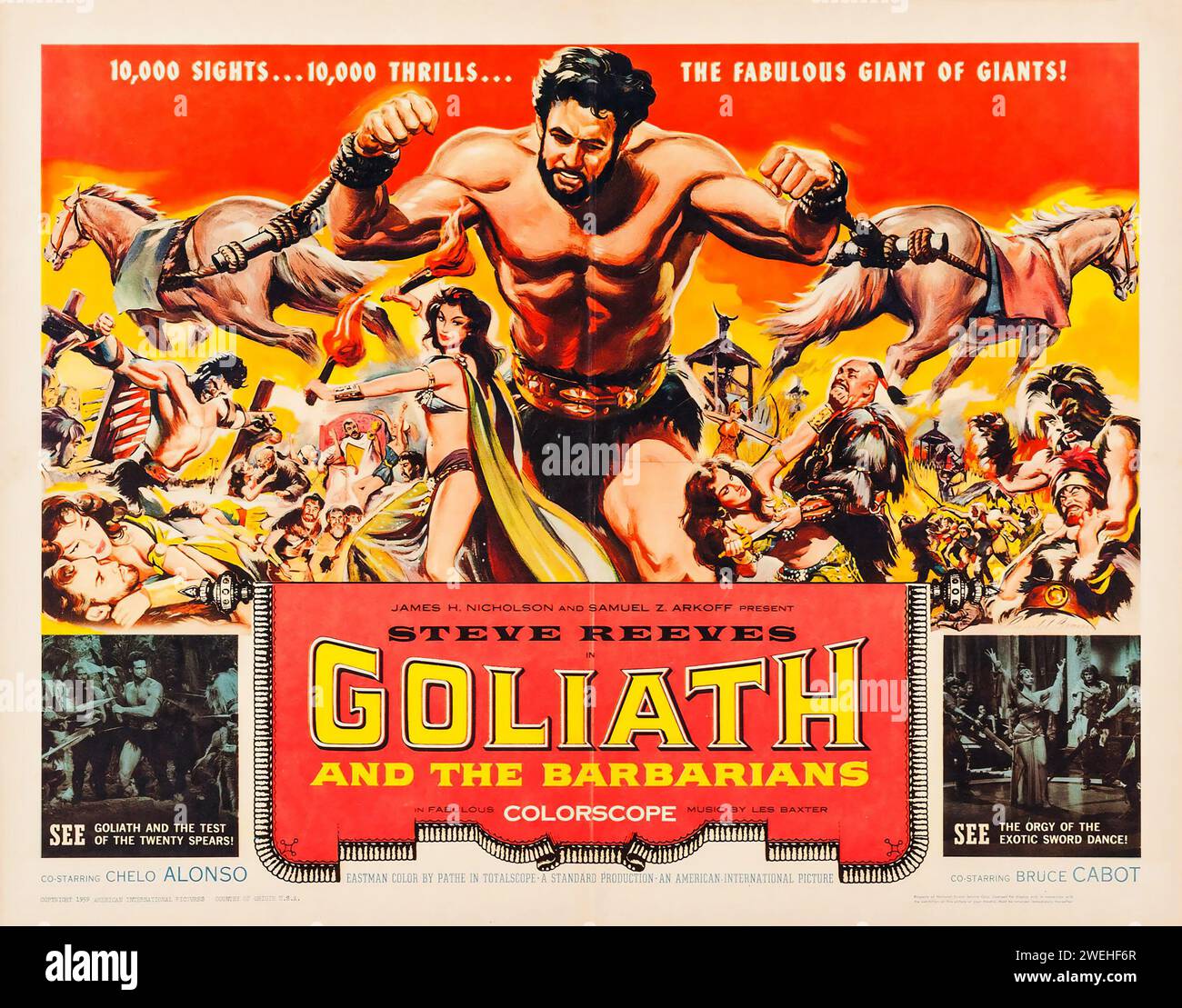 Steve Reeves in Goliath and the Barbarians (American International, 1959). Amerikanisches Vintage-Filmplakat Stockfoto