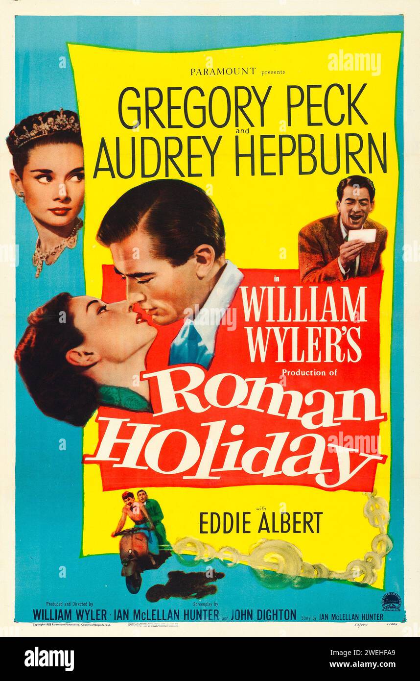 Theaterposter für die amerikanische Veröffentlichung des Films Roman Holiday feat Gregory Peck und Audrey Hepburn aus dem Jahr 1953 Stockfoto