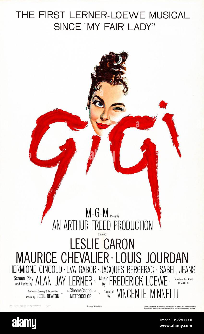 Vintage-Filmplakat für die amerikanische Theateraufführung des Musical-Films Gigi aus dem Jahr 1958 Stockfoto