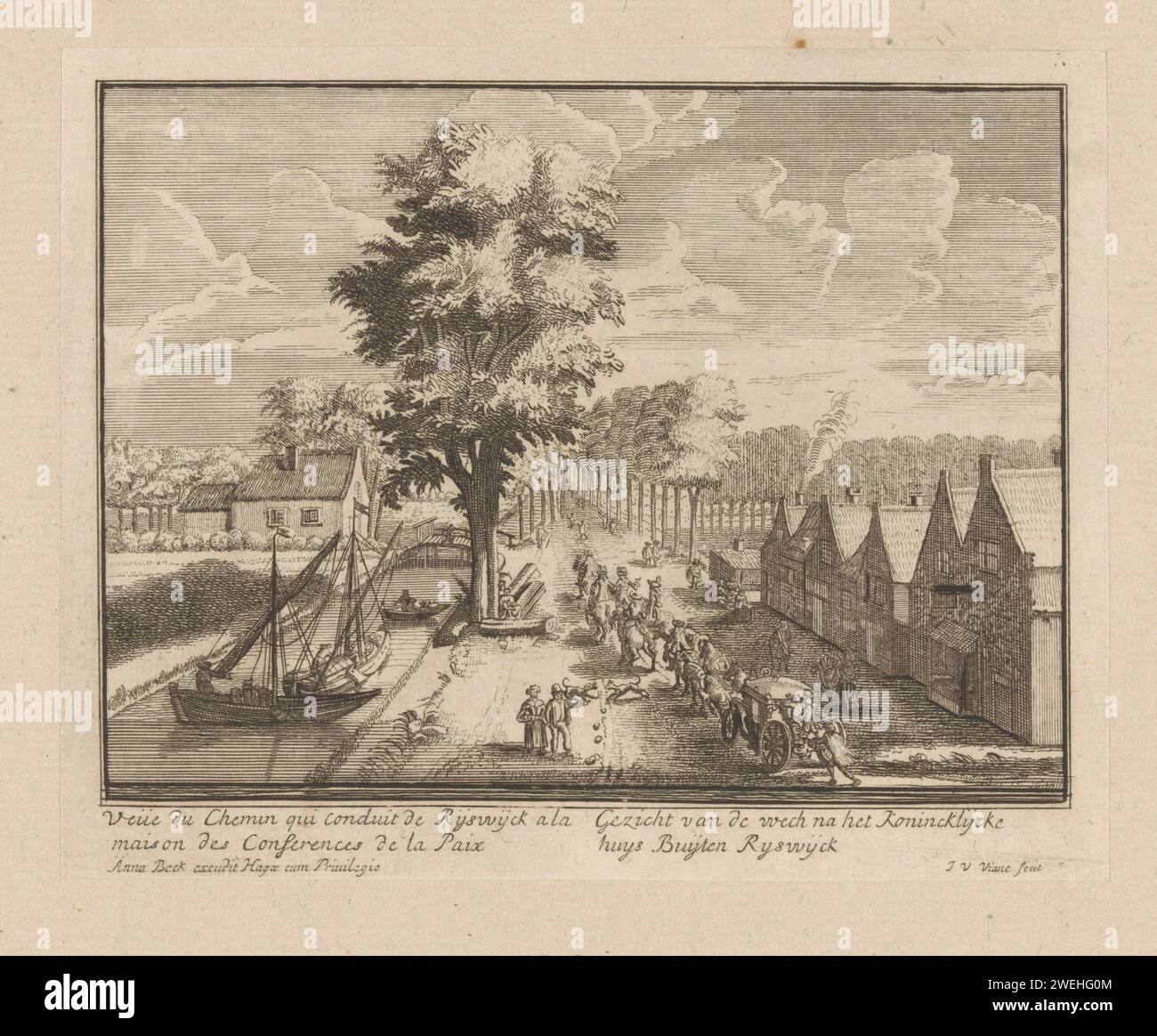 Die Straße zum Ter Nieuburch-Haus in Rijswijk, 1697, Jan van Vianen, 1697 drucken die Straße zum Ter Nieuburch-Haus in Rijswijk. In der Bildunterschrift die beiden Titel auf Französisch und Niederländisch. Ein Teil der sechzehn kleineren Druckserie über das Ter Nieuburch-Haus in Rijswijk und die dort geführten Friedensverhandlungen, die zum Frieden von Rijswijk führten, wurde am 20. September 1697 geschlossen. Papierätzung Huis ter Nieuburch. Rijswijk Stockfoto