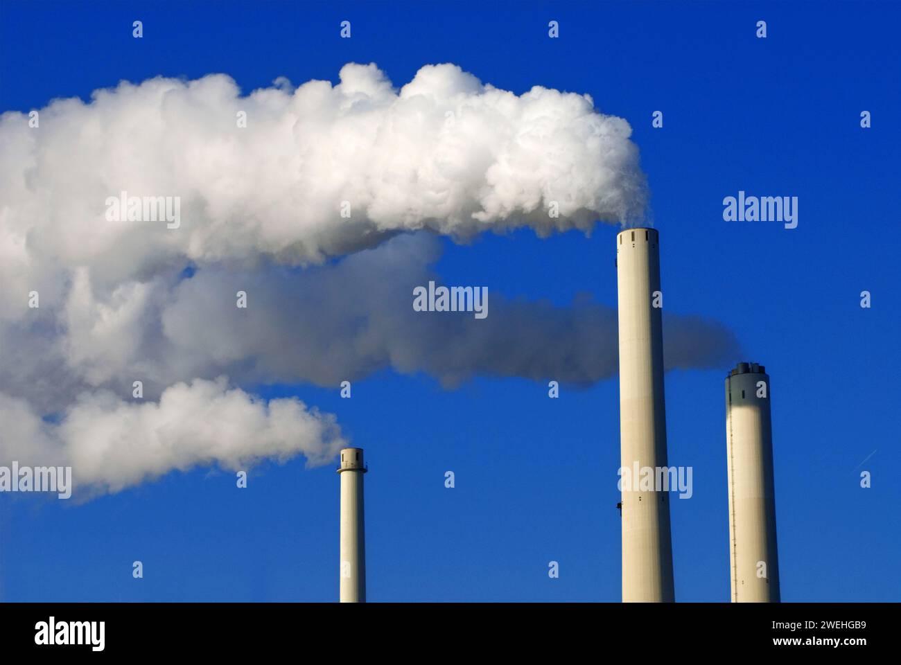 Weiße Rauchschornsteine aus dem KWK-Kraftwerk Nord, Abfall-Energie-Kraftwerk Nord, München, Bayern, Deutschland Stockfoto