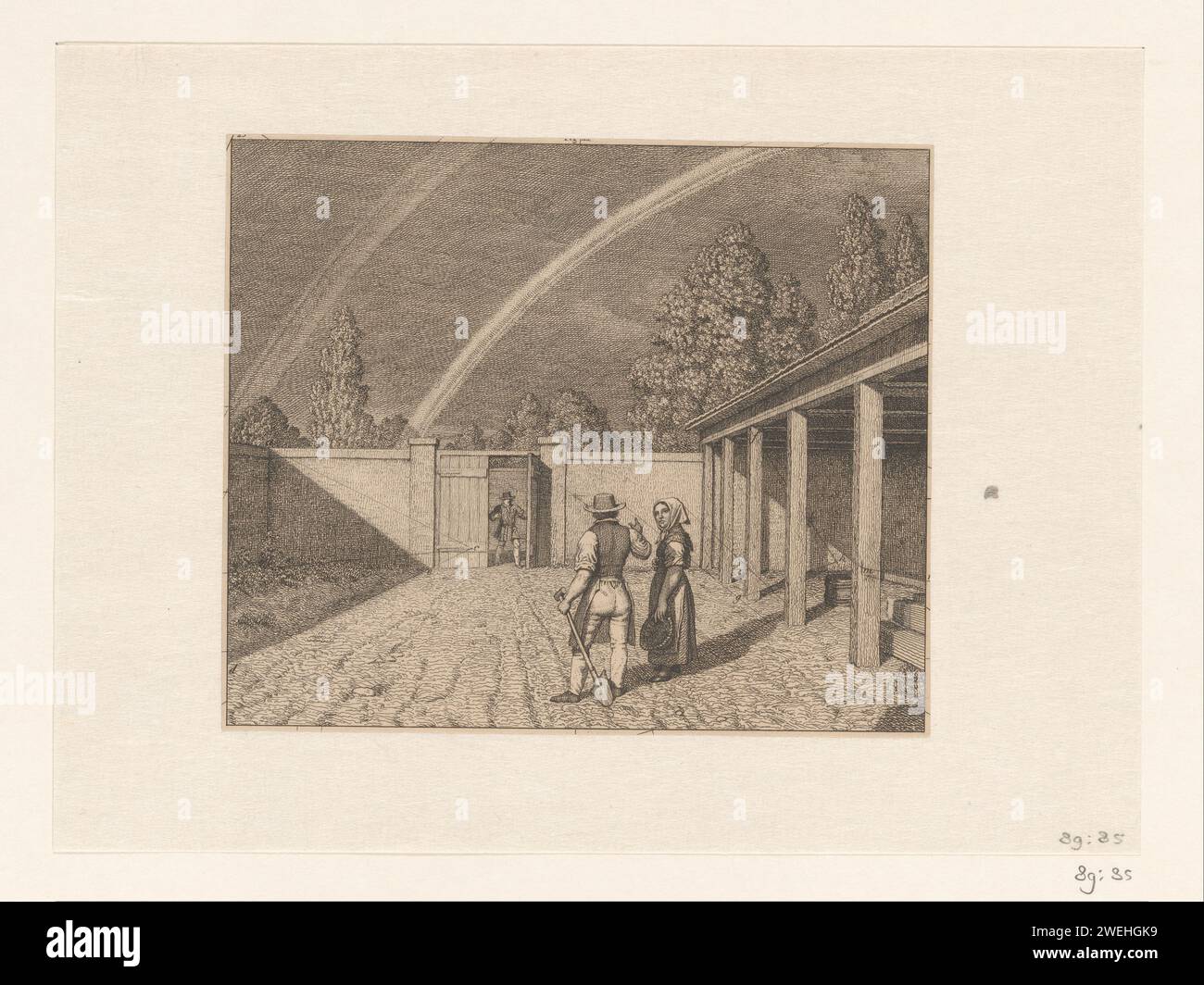 Linearperspektive in Malerei Kunst, publizierte Fassung, Christoffer Wilhelm Eckersberg, 1841 Print Ansicht in einem Innenhof mit wenigen Figuren. Doppelter Regenbogen in der Luft. Die perspektivische Studie steht für die Huplines. Papierätzung Regenbogen. Mathematische Perspektive Stockfoto