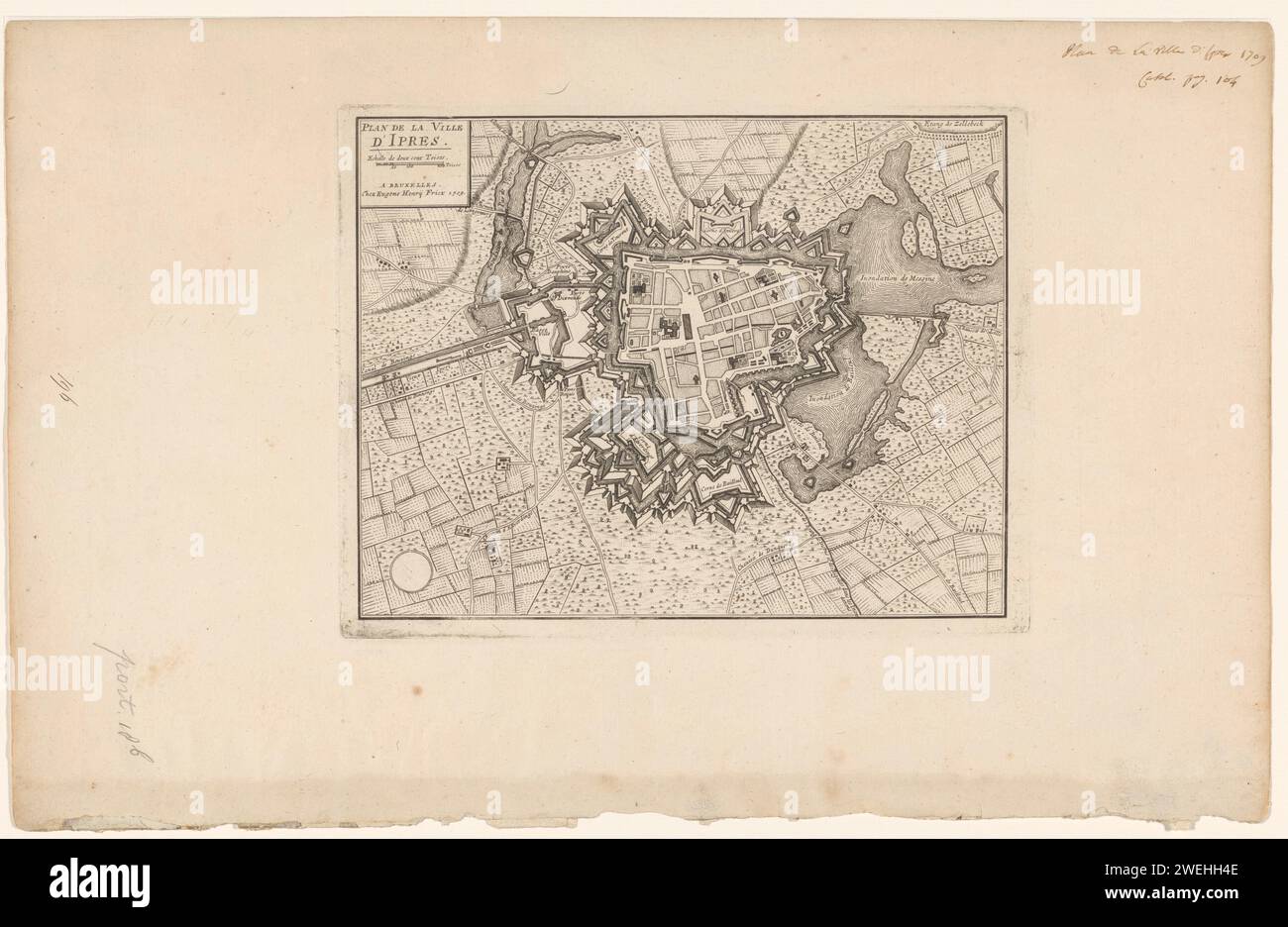 Landkarte von Ypern, 1709, Jacobus Harrewijn (zugeschrieben), 1709 Druckpapier graviert Karten von Städten Yolder Stockfoto