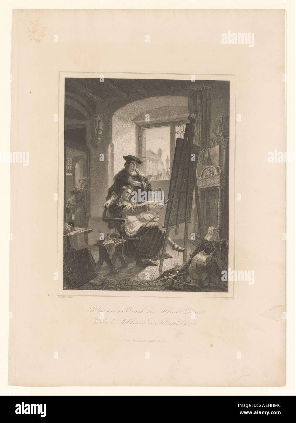 Willibald Pirckheimer besucht das Atelier von Albrecht Dürer, Johann Leonhard Raab, nach Carl Jaeger, 1840 - ca. 1880 Druckpapier, das historische Personen graviert. Künstler bei der Arbeit, in seiner Werkstatt. Palette. Bild, Malen Stockfoto