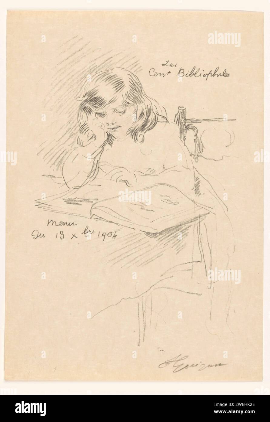 Liest Mädchen an einem Tisch, in oder vor 1904 gedruckten Zeitungen, Nachrichtenblatt Stockfoto