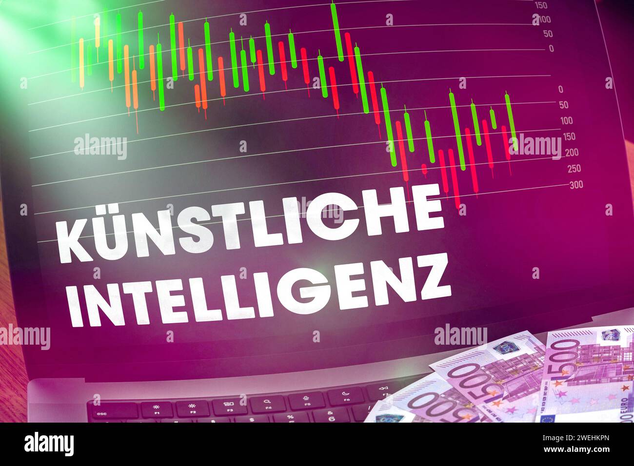 25. Januar 2024: Laptop-Computer mit Aktienkarte und den Worten Künstliche Intelligenz auf dem Bildschirm. AI Trading mit Aktien und ETF FOTOMONTAGE *** Laptop Computer mit Aktien Chart und dem Schriftzug Künstliche Intelligenz auf dem Bildschirm. KI Trading mit Aktien und ETF FOTOMONTAGE Stockfoto