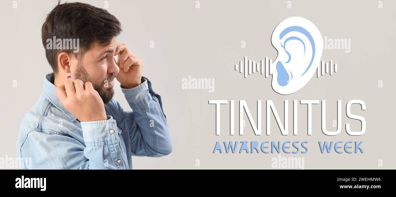 Banner zur Tinnitus-Awareness-Week mit einem Hörgeschädigten jungen Mann Stockfoto