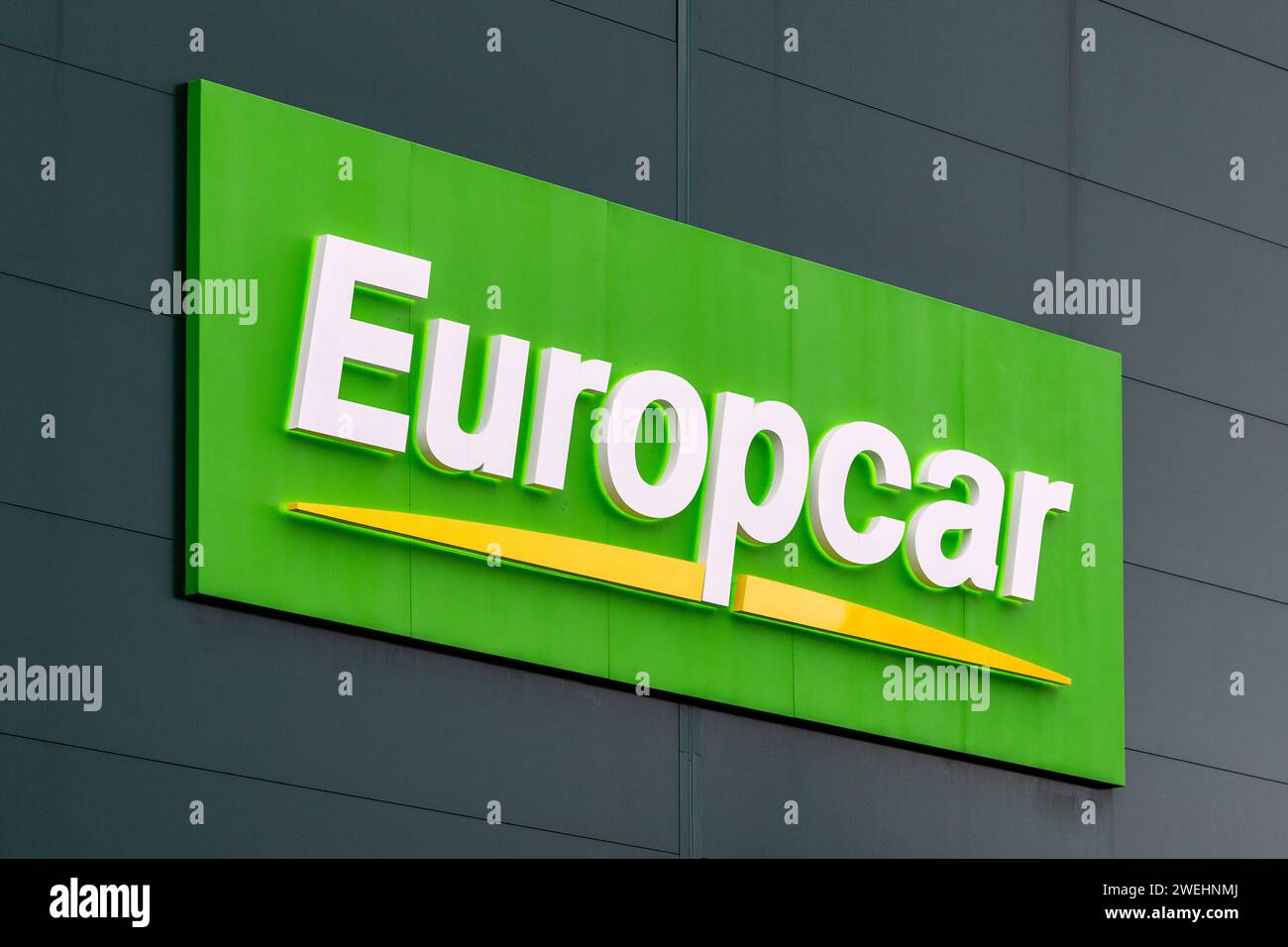 Logo des Autovermieters Europcar in Leicester, Großbritannien. Stockfoto