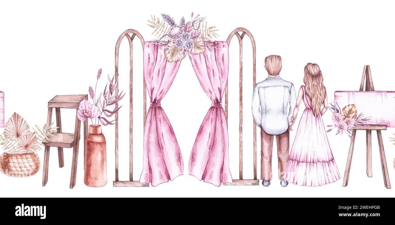 Horizontales Hochzeitsmuster in Aquarellfarben mit frisch vermählten Brautpaaren und Hochzeitsbogen sowie Accessoires in Pastelltönen im Boho-Stil. Böhmisches Hochzeitsmuster für die Stockfoto