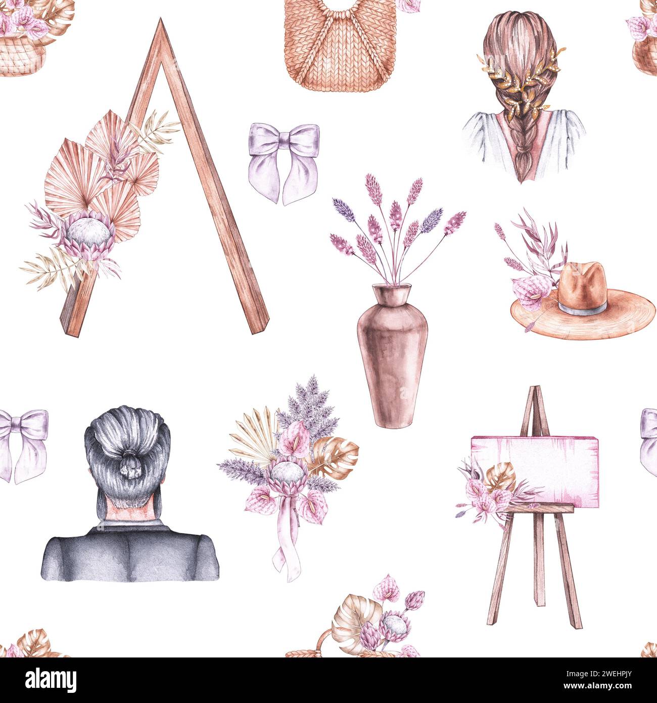 Hochzeitsmuster in Aquarellfarben mit frisch vermähltem Brautpaar und Hochzeitsbogen sowie Accessoires in Pastelltönen im Boho-Stil. Böhmisches Hochzeitsmuster für das Design von Stockfoto