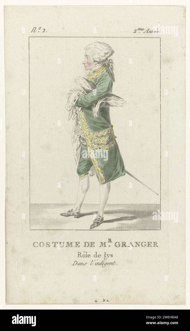 Kostüm von Mr. Granger, Nr. 2, 2. Jahr: Role de Lys (...), ca. 1760 - C. 1800 Mann in einem 'Habit à la francaise': Jacke, Weste und Knieschoner. Dreieckig (?) Unter dem Arm nähen. Degen auf der linken Seite. Niedrige Schuhe mit quadratischen Schnallen. Laut Bildunterschrift ist das Kostüm von Mr. Granger. Papierteller. Kleidung, Kostüm (+ Herrenkleidung). Ensembles von Kleidungsstücken (GEWOHNHEIT à LA FRANCAISE) (+ Herrenkleidung). Mantel (JUSTAUCORPS) (+ Herrenkleidung). Hosen, Hosen usw. (REITHOSE) (+ Herrenkleidung). Kopfbedeckung: tricorn (+ Herrenbekleidung). Schuhe, Sandalen (+ Herrenbekleidung). Hacking und Stockfoto