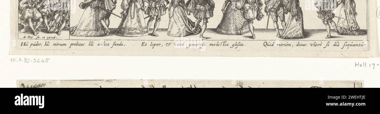 Dancing the Paren Up One Bal, Johann Theodor de Bry, nach Tobias Stimmer, nach Hans Sebald Beham, nach Christoph Murer, 1588–1623 drucken Eine Reihe von sechs tanzenden eleganten Paaren auf einem Ball. Ganz links eine Gruppe von vier Musikern, die weiblich, eine Laute und die Viola da Gamba spielen. Unter der Show eine lateinische Strophe. Der Druck bildet einen Anhänger mit einer Vorstellung tanzender Bauern. Papiergravurkugel, formeller Tanz. Kleidung, Kostüm (+ Herrenkleidung). Kleidung, Kostüm (+ Damenkleidung). Tanzen beim Hochzeitsfest Stockfoto