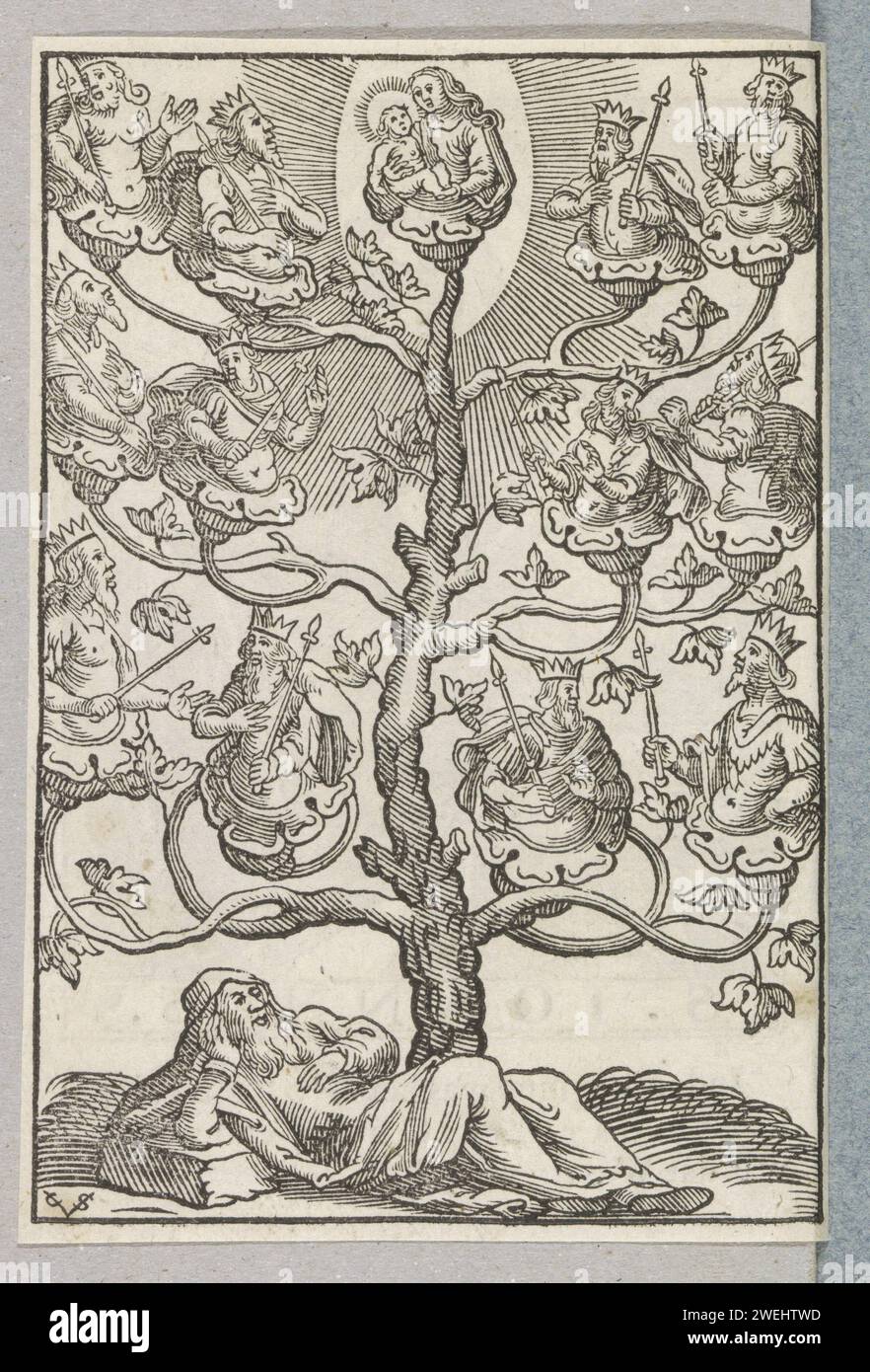 Baum von Jesse, 1629 Druck den Baum von Jesse. Im Vordergrund liegt Jesse mit seinem Ellenbogen, der auf einem Stein basiert. Ein Baum wächst aus seinen Lenden, auf deren Zweigen sich die Ahnen Christi befinden. Auf der Spitze von Maria mit Kind. Der Ausdruck ist Teil eines Albums. Papierbaum von Jesse: Genealogischer Baum, der Christi Vorfahren zeigt, die aus Jesses Lenden hervorgehen Stockfoto