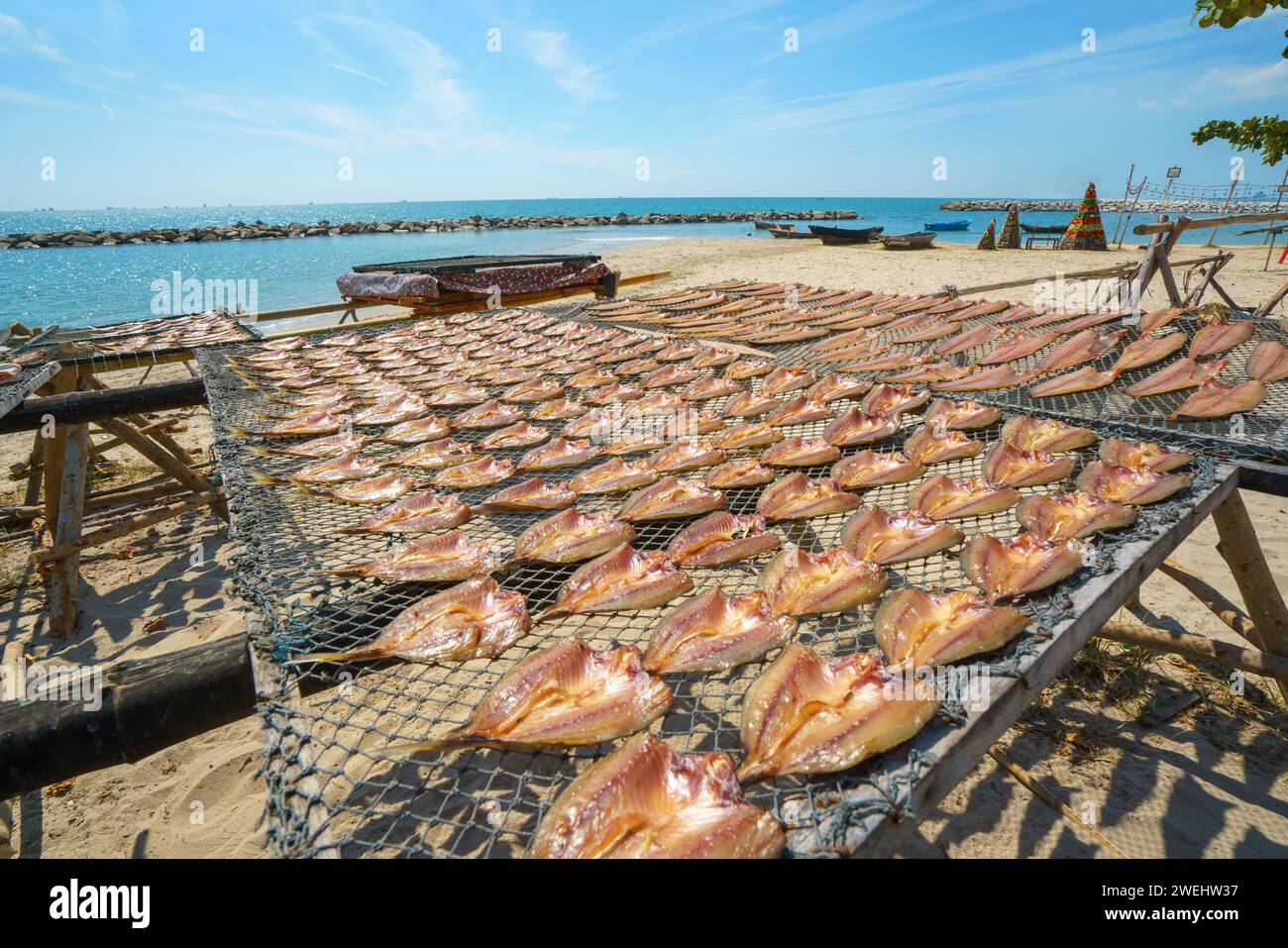 Sonnengetrockneter und frittierter Fisch in einem malerischen Fischerdorf erweckt die Küstentradition zum Leben, frisch gefangener Fisch in köstliche del zu verwandeln Stockfoto