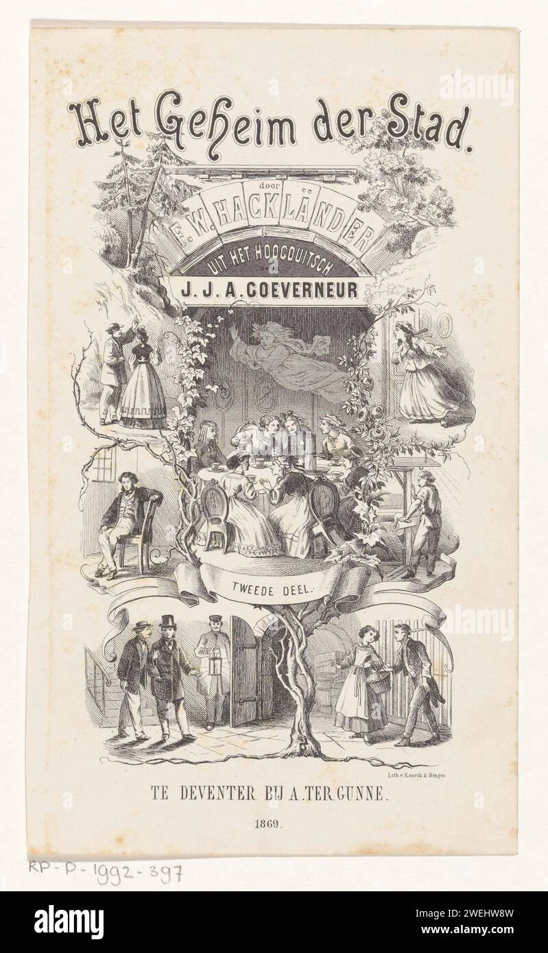 Frauen rund um den Tisch und sechs Szenen aus dem täglichen Leben, Emrik & Binger, 1869 drucken Eine Gruppe von Frauen spricht am Tisch (vielleicht Klatsch). Etwa sechs Szenen, die durch einen Rosenstrauch von Menschen im Alltag getrennt sind. Papier-Gespräch, Dialog; Gesprächsstück. Verleumdung Stockfoto