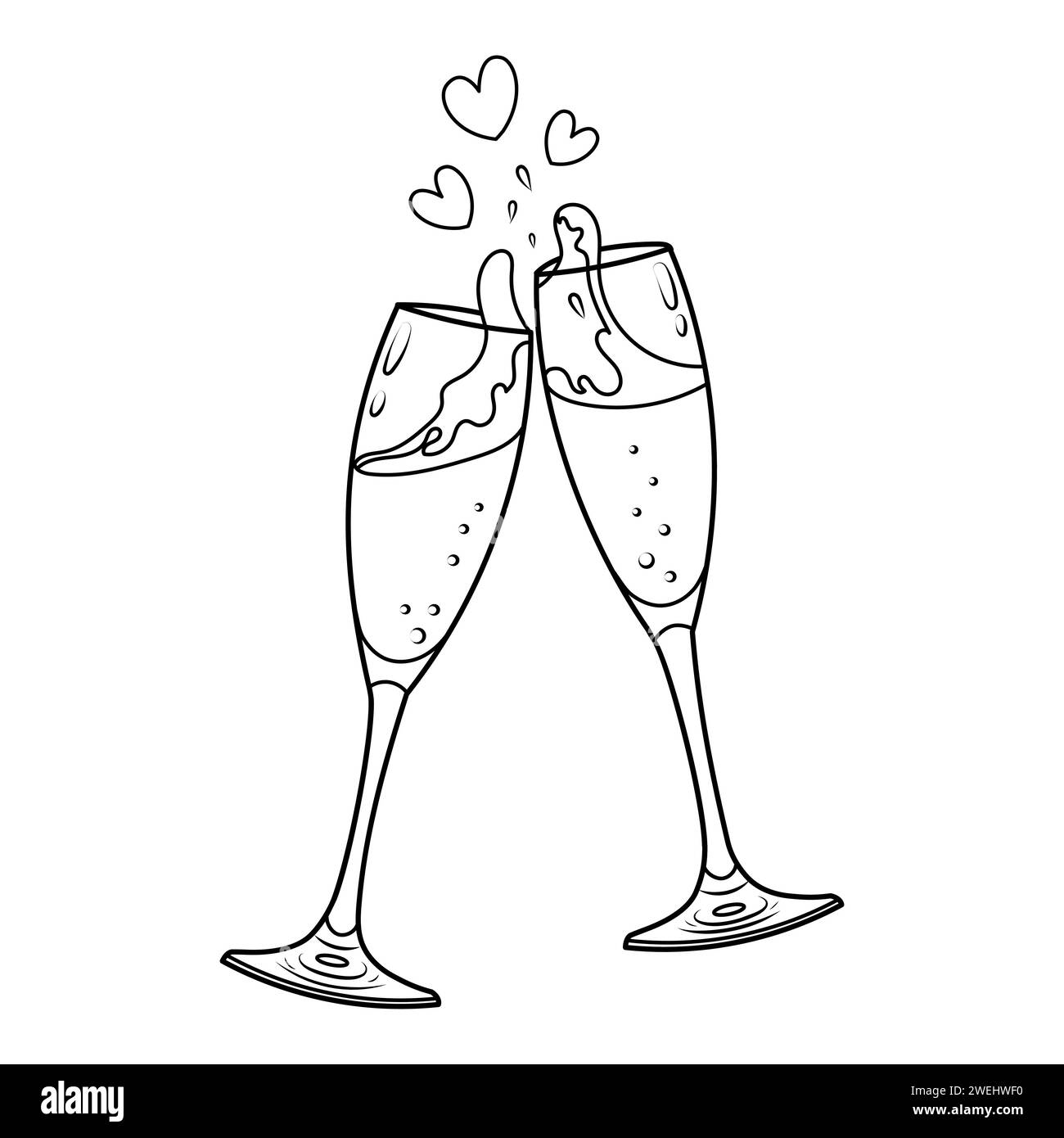 Vektor-Illustration von zwei Champagnergläsern für valentinstag. Doodle-Skizze von klirrenden Gläsern. Malbuch-Seite Stock Vektor