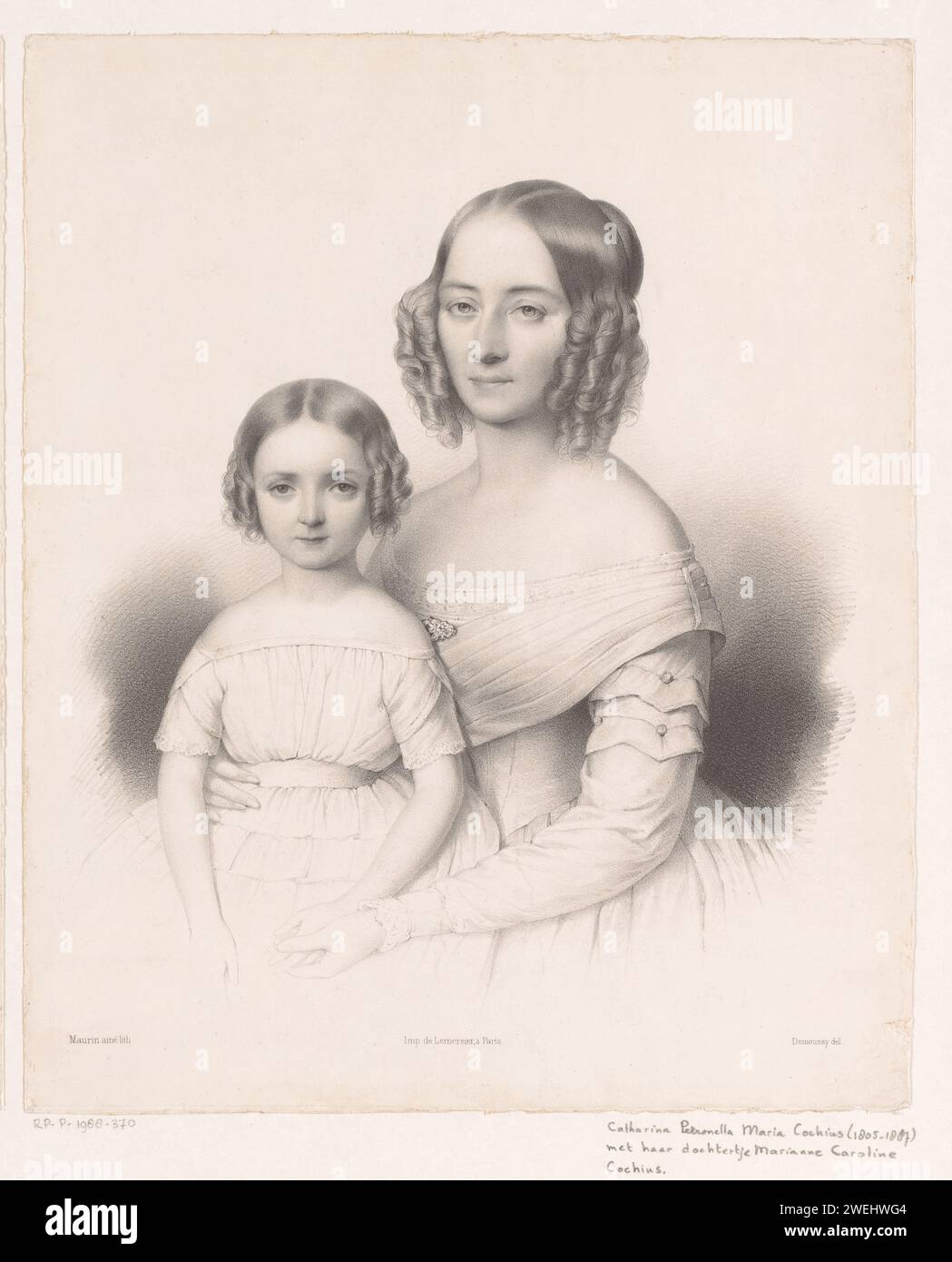 Porträt der Catharina Petronella Maria Cochius mit ihrer Tochter Antoine Maurin nach Augustin Luc Demousy, 1848–1887 Druck Porträt der Catharina Petronella Maria Cochius mit ihrer Tochter Marianne Caroline Cochius. Papierhistorische Personen Stockfoto