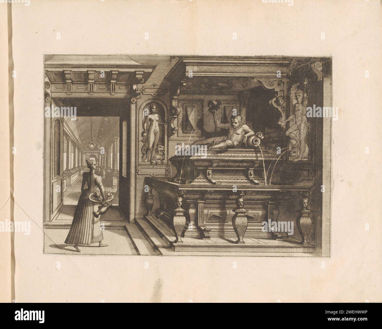 Brunnen in Form eines Grabes, 1568 gedruckt Ein Eckbrunnen in Form eines Grabes gekrönt das Bild eines Mannes, der sich an eine Kanne lehnt, aus der Wasser austritt. Links eine stehende Frau mit einer Schüssel unter dem Arm und einem Krug in der Hand. Hinter ihren Augen in einer Galerie. Dieser Ausdruck ist Teil eines Albums. Zierbrunnen zum Ätzen von Papier. Stehende Figur (Kanon, Proportionen) - AA - weibliche menschliche Figur. Städtische Architektur; Gebäude; Wohnungen Stockfoto