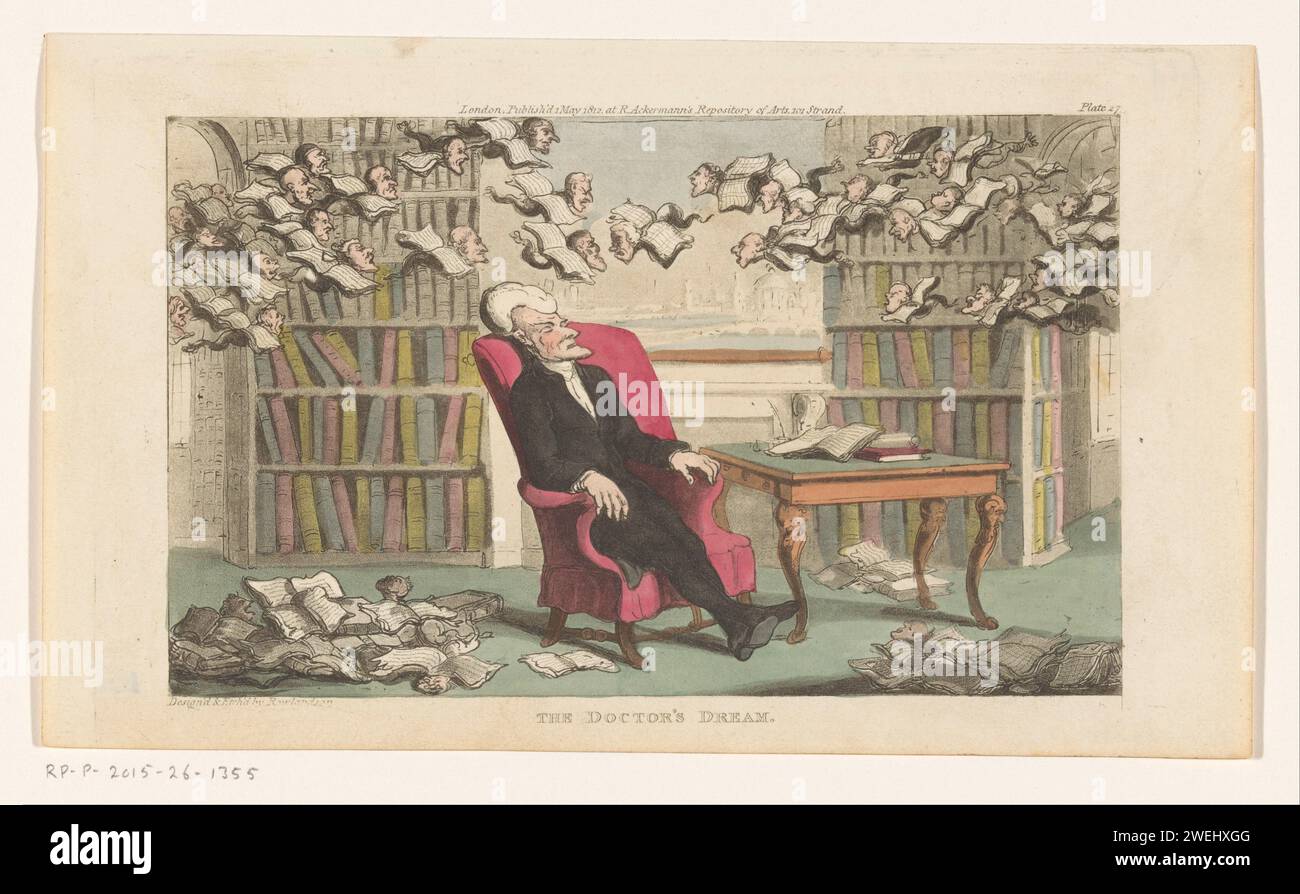 Doctor Syntax Sleeping in a Library, Thomas Rowlandson, 1812 - 1821 Print in einer Bibliothek, Doctor Syntam schläft auf einem Stuhl. Wesen fliegen über seinen Köpfen, bestehend aus offenen Büchern mit menschlichen Gesichtern. Das Fenster bietet einen Blick auf London. Oben rechts nummeriert: Platte 27. Der Traum des Papierätzens. Objekte, die zum Leben erweckt werden, z. B. Marionetten. Studium; Studiolo; Bibliothek London Stockfoto