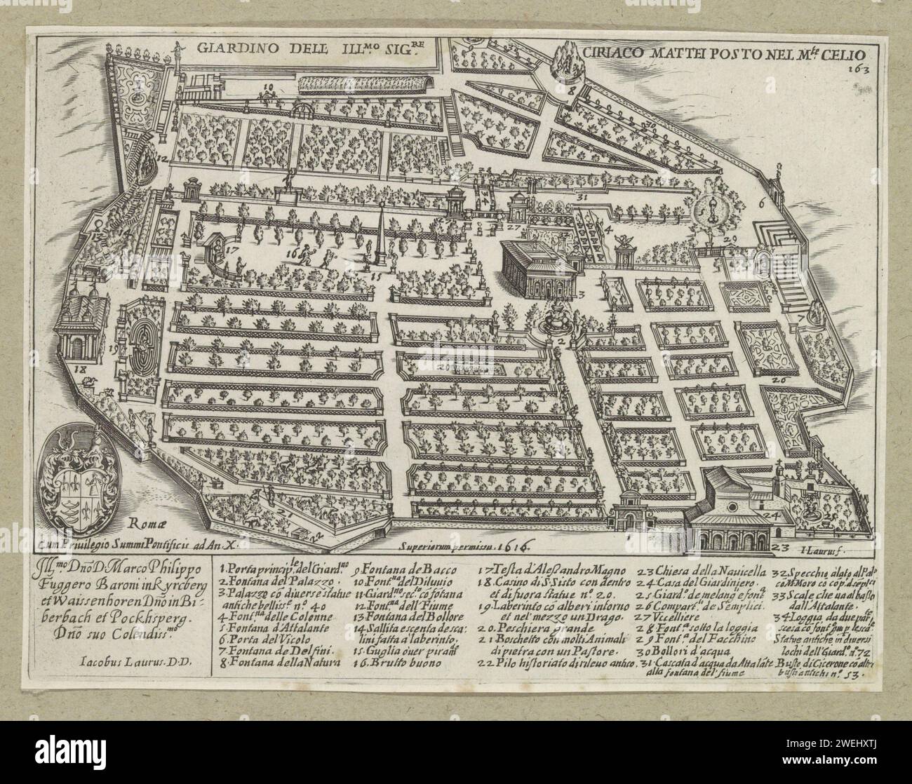 Tuinen Van de Villa Celimontana (Villa Mattei) op Monte Celio Te Rome, Giacomo Lauro, in ODER nach 1637 drucken Eine Liste mit erläuternden Zahlen am unteren Rand. Oben rechts nummeriert: 163. Der Ausdruck ist Teil eines Albums. Papierätzung Hôtel, d. h. kleiner Palast in der Stadt. Garden Villa Celimontana. Celio Stockfoto