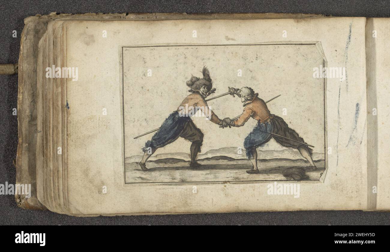 Zwei Schauspieler im Kampf, 1621 drucken zwei Herren oder Schauspieler kämpfen sich mit Sabels. Der linke Mann durchbohrt die rechte. Der Ausdruck ist Teil eines Albums. Kopfbedeckung mit Papiergravur: Hut (+ Federn für Kleidung). Schauspieler (auf der Bühne) Stockfoto
