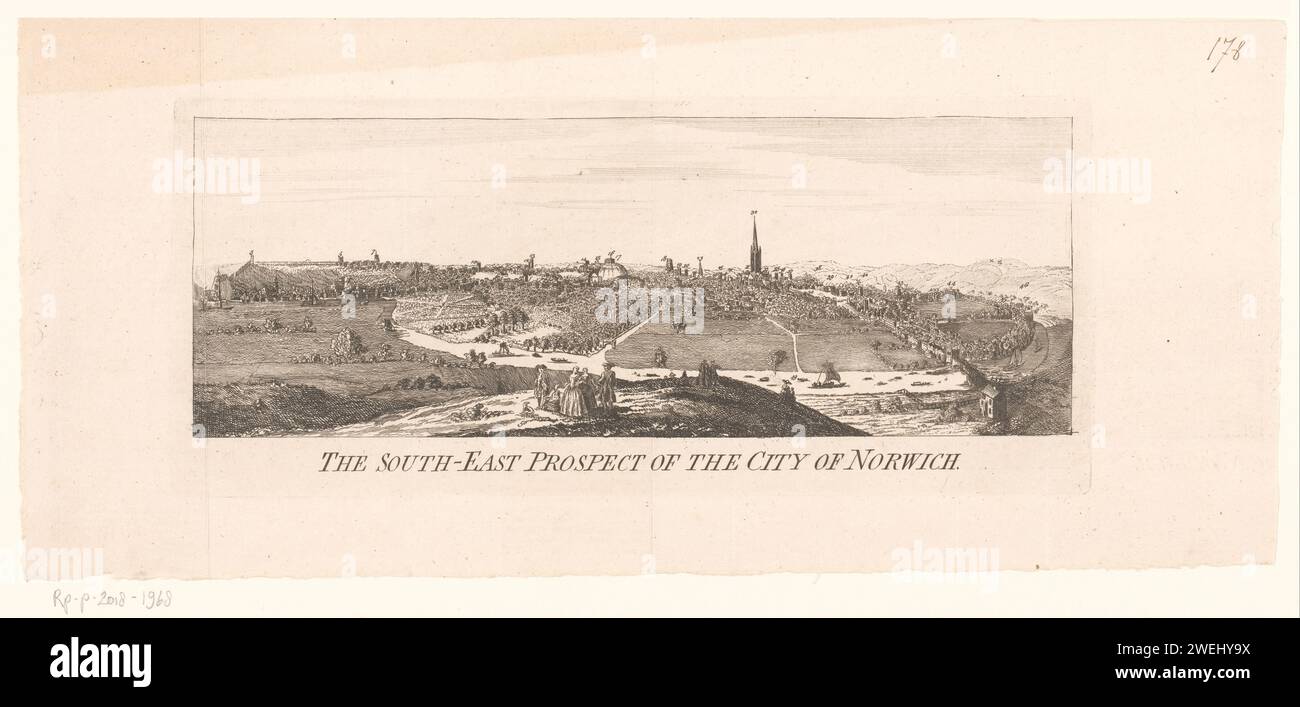 Blick auf Norwich aus dem Südosten, Samuel Buck (nach), nach 1741 Druckpapier Radierung / Gravur Aussicht auf die Stadt, Stadtpanorama, Silhouette der Stadt Norwich Stockfoto