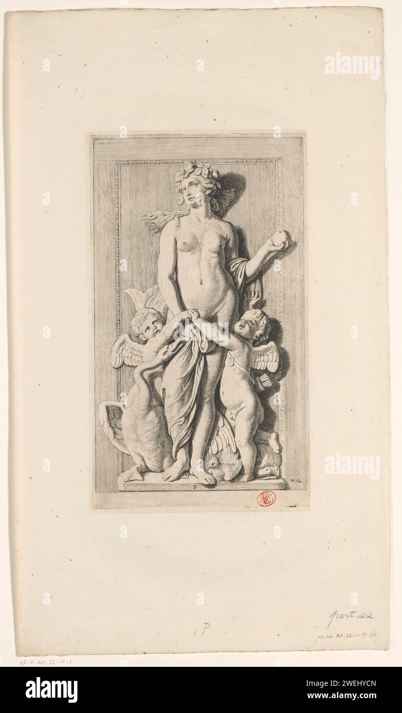 Venusbild in der Nordgalerie des Rathauses auf dem Dam-Platz, Hubert Quellinus, nach Rombout Verhulst, 1655 Druck Venusbild im westlichen Teil der Nordgalerie des Rathauses auf dem Dam-Platz in Amsterdam. Ein Apfel in ihrer linken Hand. Links und rechts von ihrem Eros (Cupido) und Anteros, zu ihren Füßen ein Schwan, ein Vogel und ein Delfin. Unten in der Mitte: P. Papierätzung / Gravur (Geschichte der Venus) (Aphrodite). Attribute der Venus. Eros und Anteros Rathaus von Amsterdam (1655-1808) Stockfoto